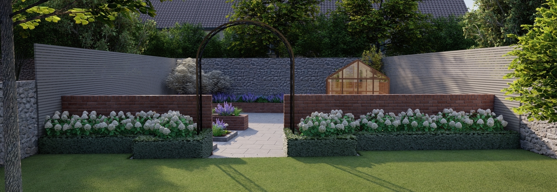 Family Garden Design Churchtown | Secluded space with sunny aspect, spacious patio, raised beds and timber greenhouse