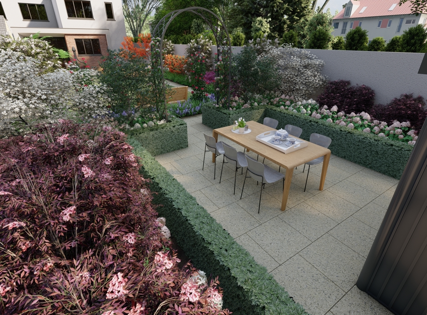 3D Design Visual illustrating a new garden layout with lush and colourful border planting areas | Owen Chubb Garden Design, Tel 087-2306128