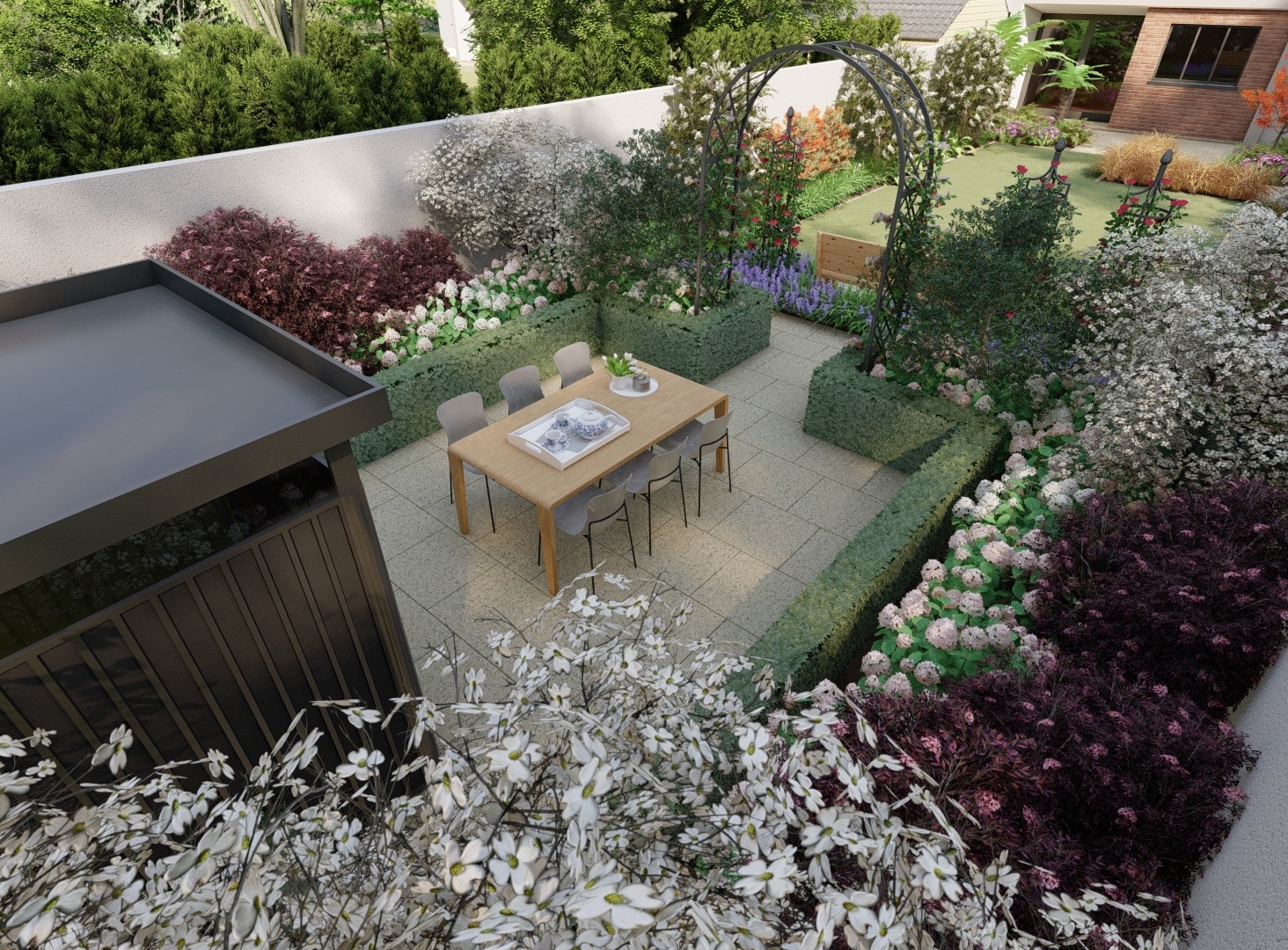Terenure Garden Design illustates a new Patio with lush planting and Biohort Garden Shed