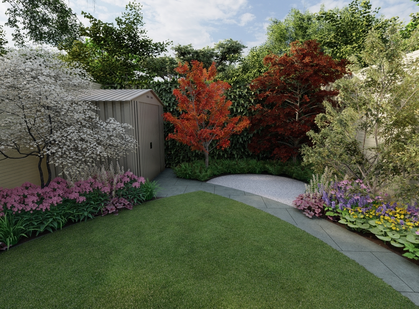 Design Visual for small garden featuring Biohort Shed, Bespoke Garden Fencing, sweeping Limestone pathway, roll turf grass area, Specimen trees and Limestone Patio