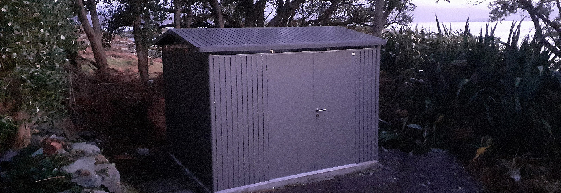 Biohort Panorama Garden Shed, Size P5 in metallic quartz grey - supplied + fitted near Sneem, Co Kerry by Owen Chubb Landscapers
