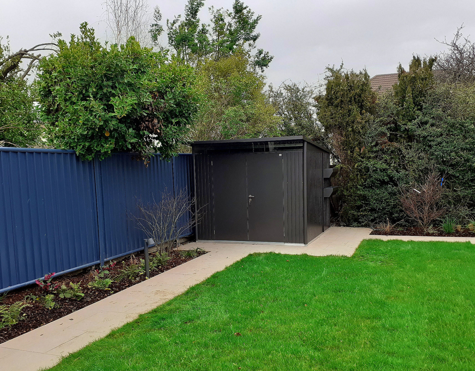 Biohort AvantGarde A7 Garden Shed in metallic dark grey with double doors, supplied & fitted in Blackrock, Co Dublin  | Owen Chubb Ireland's Leading supplier of Biohort Garden Sheds & Storage Solutions | Supplied + Fitted Nationwide