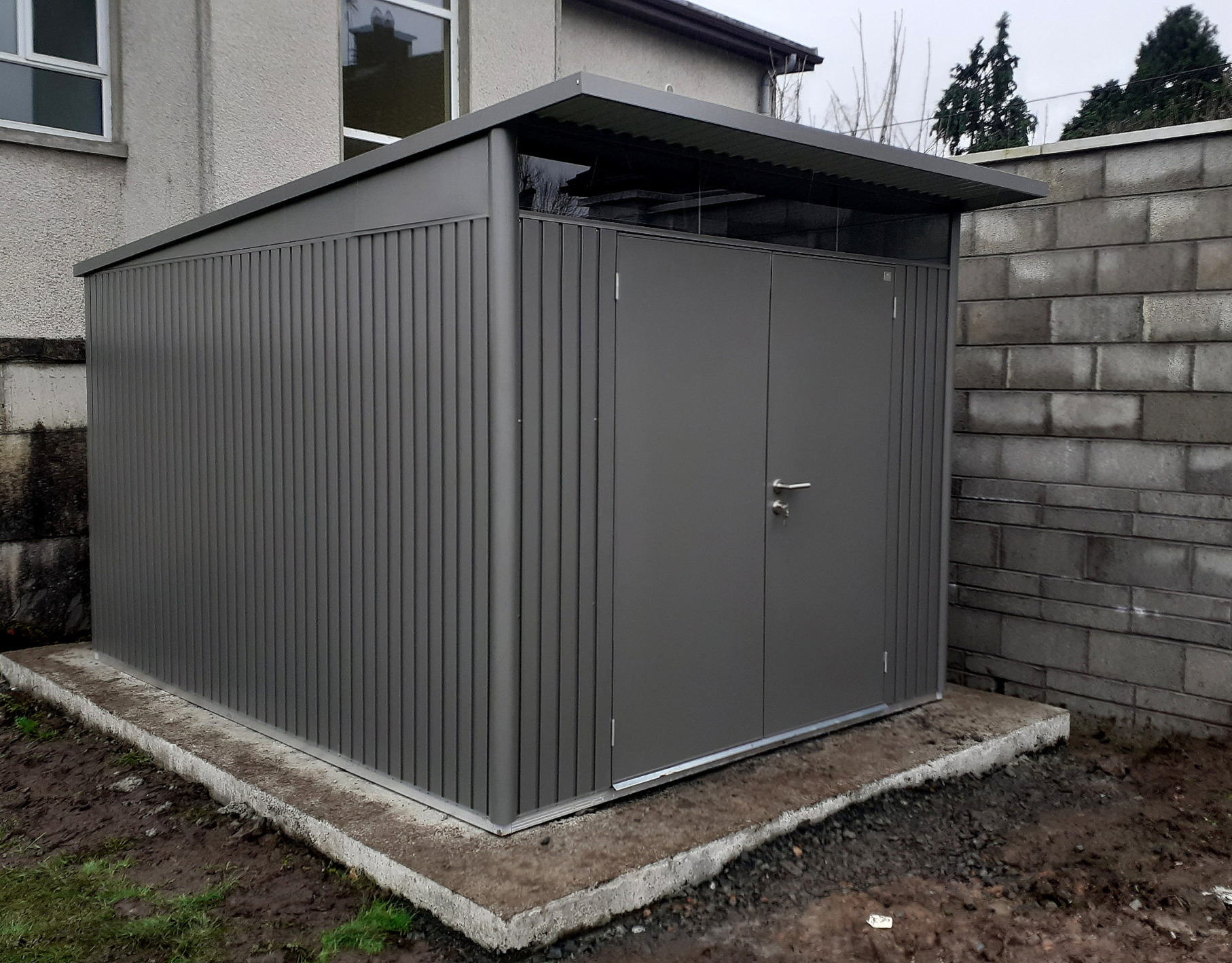 Biohort AvantGarde A8 Garden Shed in metallic quartz grey with double doors, supplied & fitted in Limerick | Owen Chubb Ireland's Leading supplier of Biohort Garden Sheds & Storage Solutions | Supplied + Fitted Nationwide