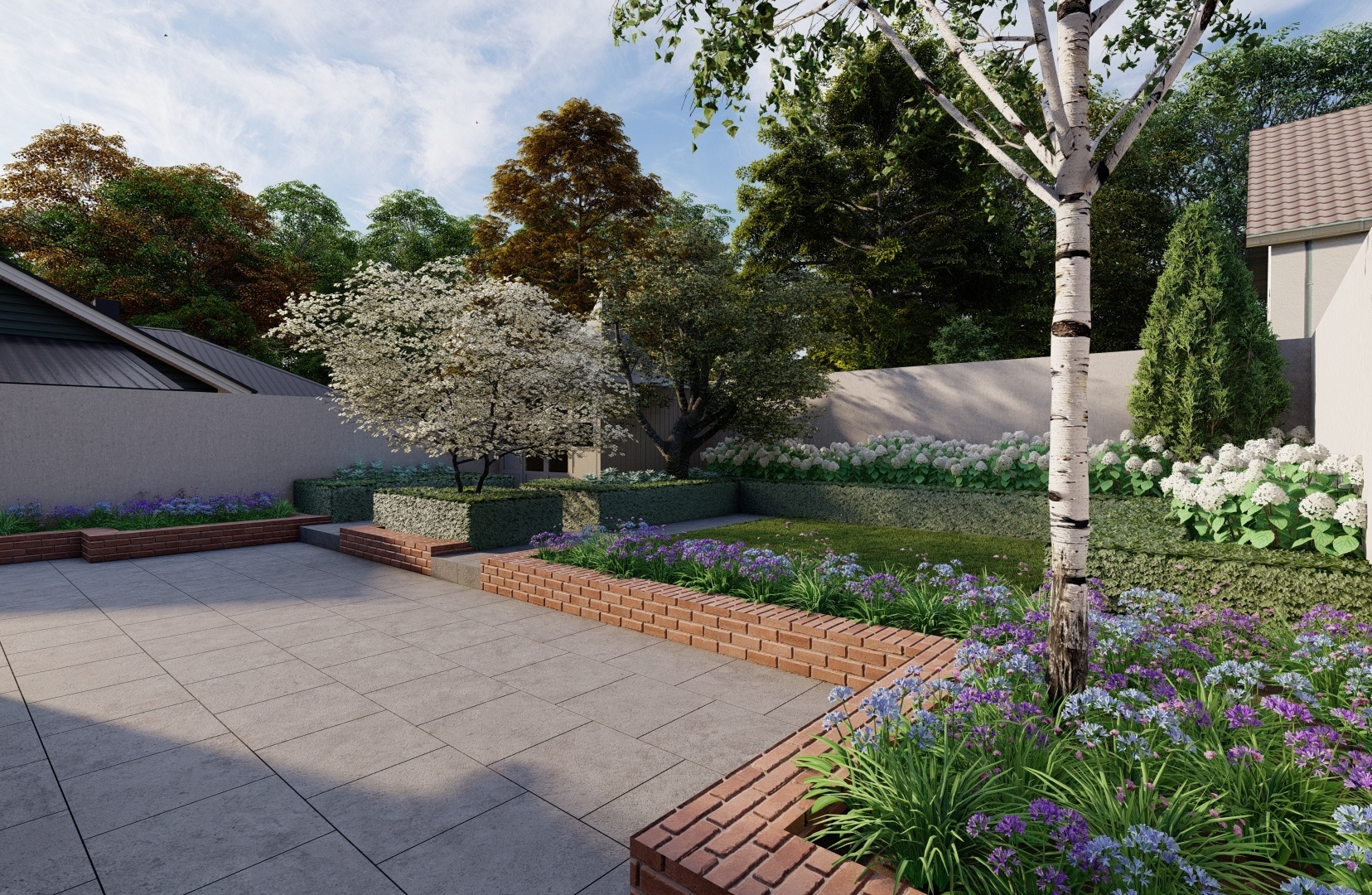 Family Garden Design Blackrock, Co Dublin featuring a formal layout on a split level | Owen Chubb Garden Design Services Dublin, Tel 087-2306 128