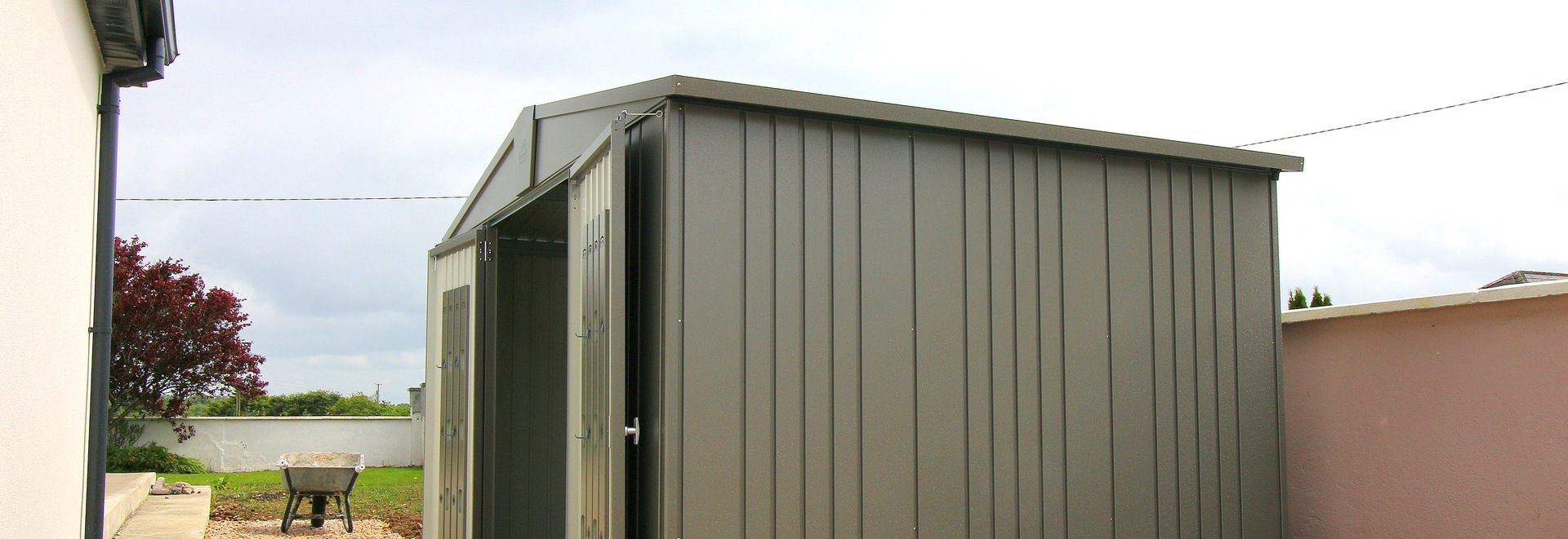 Biohort Europa Size 5 Garden Shed, in metallic quartz grey, supplied + fitted in Athlone, Co Westmeath by Owen Chubb Landscapers