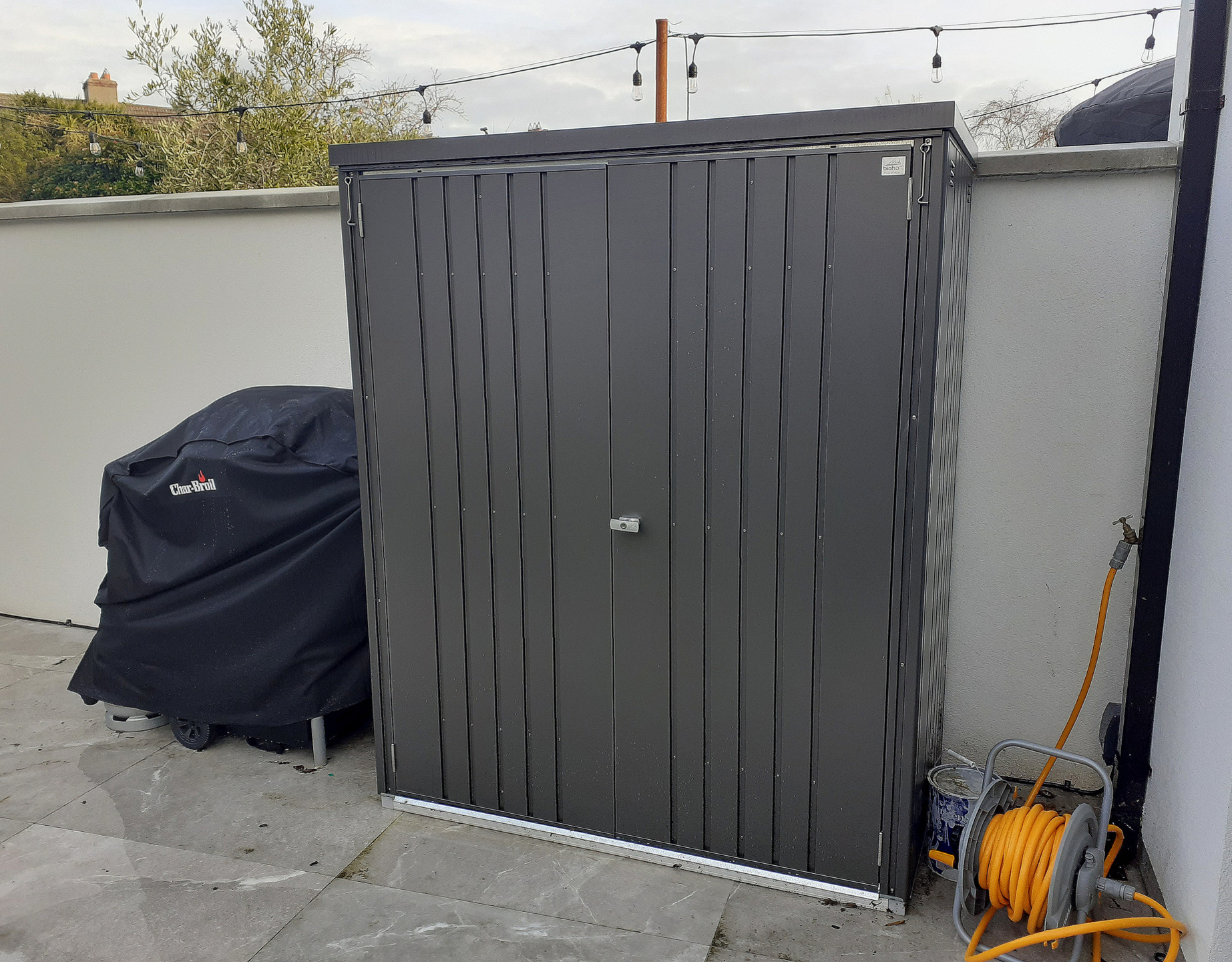Biohort Equipment Locker 150 in metallic dark grey, supplied + fitted in Goatstown, Dublin 18 | Stylish, Versatile, Secure & Rainproof Patio Storage Solutions | FREE Fitting