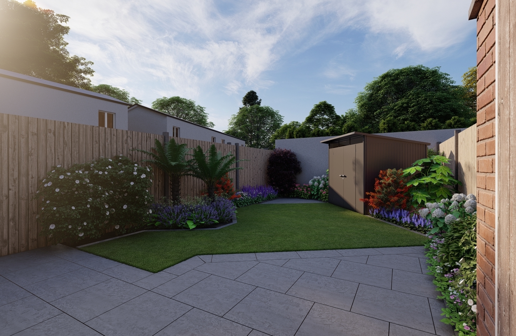 Design Visuals for a Family Garden in Dublin 12 featuring natural grass lawn, limestone paving, Biohort Garden Shed and mixed low maintenance  planting.