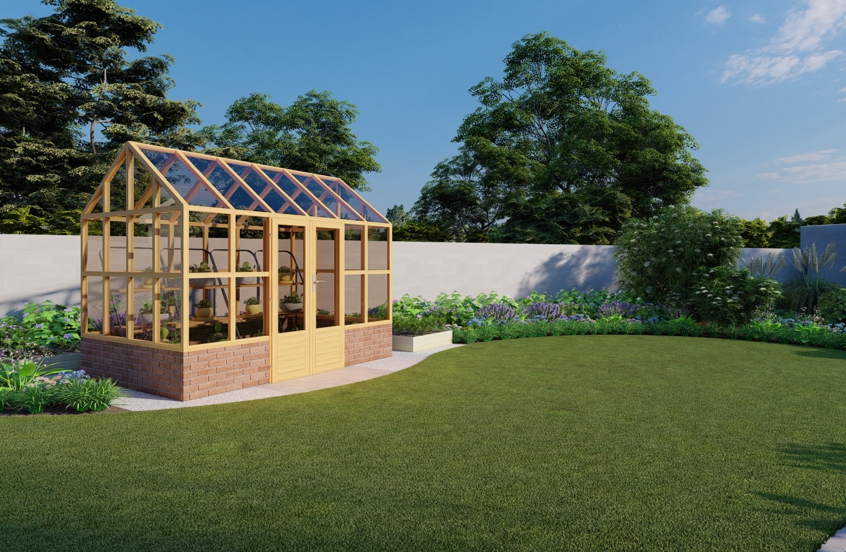 Visuals for a large Family Garden with Greenhouse, Growing Beds, extensive planted borders, beds and 'adventure' trail area featuring planted roundabouts/mounds in Knocklyon. ing bespoke horizontal timber screening, natural grass lawn, limestone paving, Biohort Garden Shed and mixed low maintenance  planting.