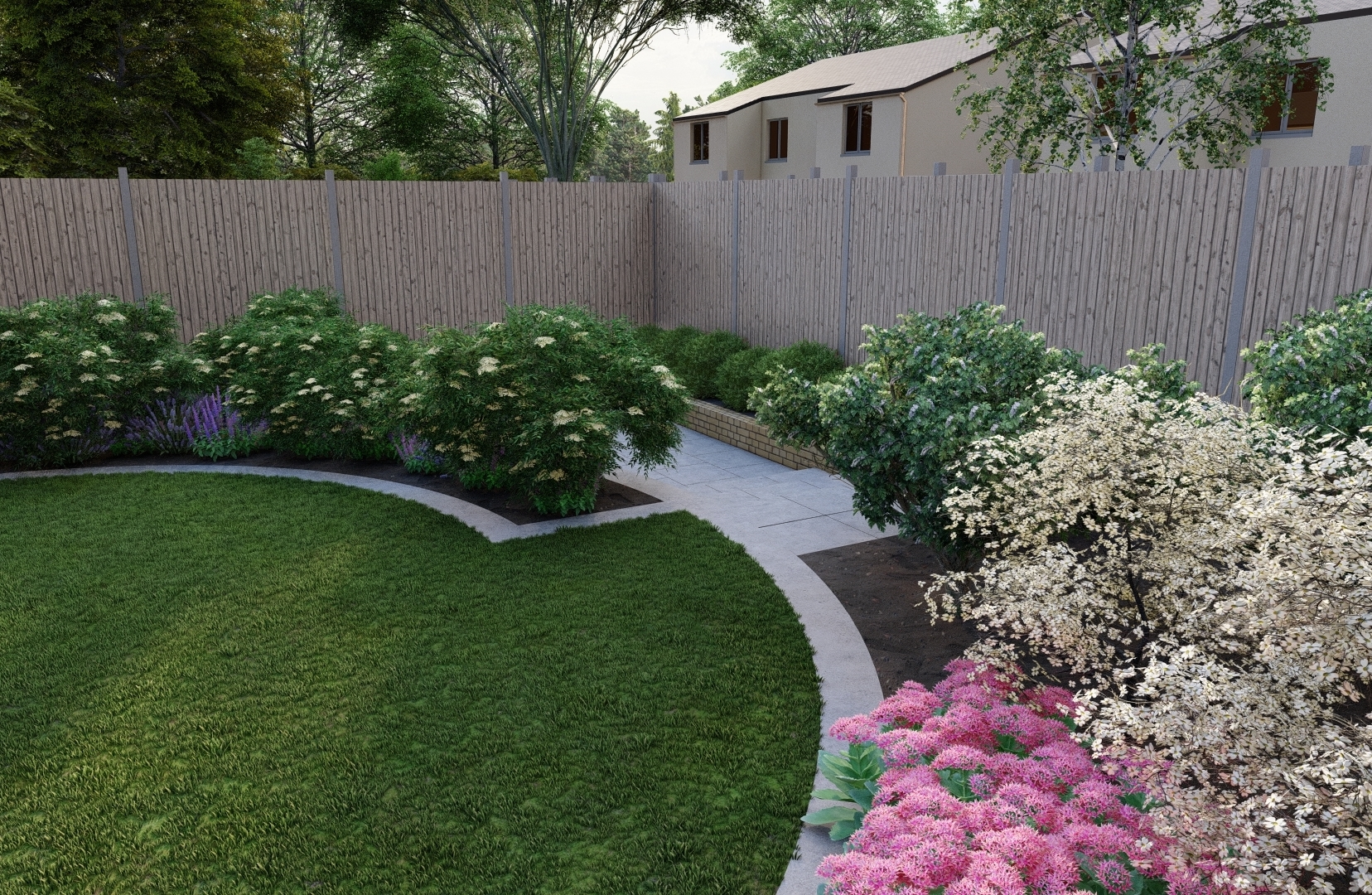 Design Visuals for a large Family Garden in Delgany, Co Wicklow,  featuring several garden elements including Biohort Garden Shed  & Bin Storage, expansive lawn framned by mixed planting borders and a sunken patio area.