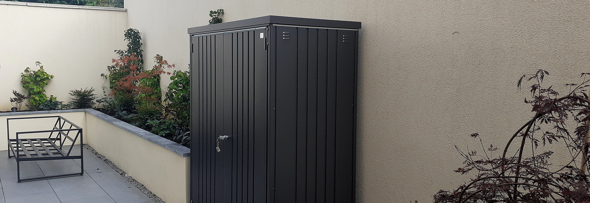 Biohort Equipment Locker 150 in metallic dark grey | premium quality steel storage shed for patio & garden | Supplied & Fitted by Owen Chubb in Glasnevin, Dublin 11  | BEST PRICES in Dublin | Tel 087-2306 128