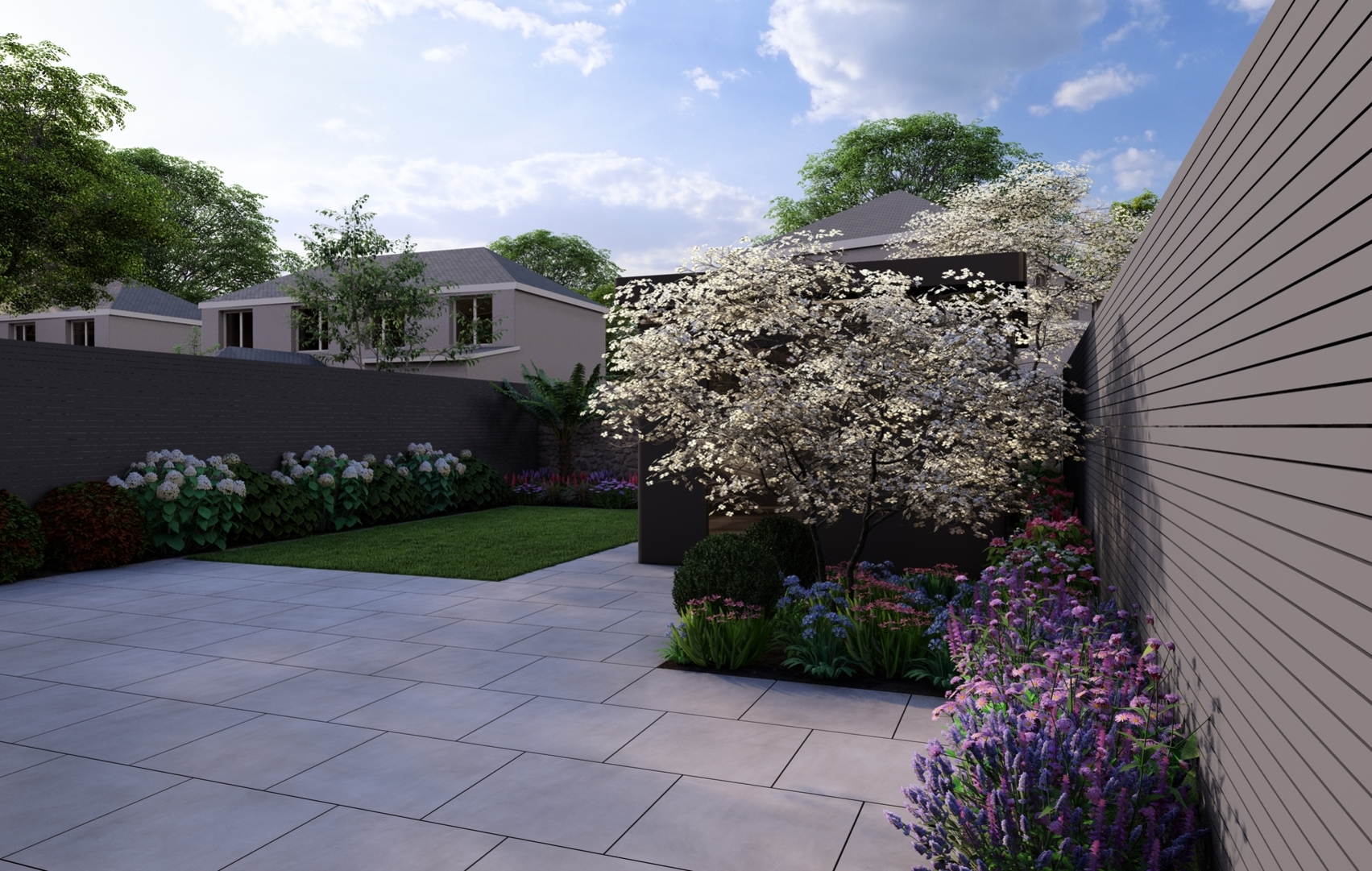 Garden Design Dublin with the emphasis on a colourful, versatile & private outdoor space  |  Owen Chubb Garden Design, Tel 087-2306 128