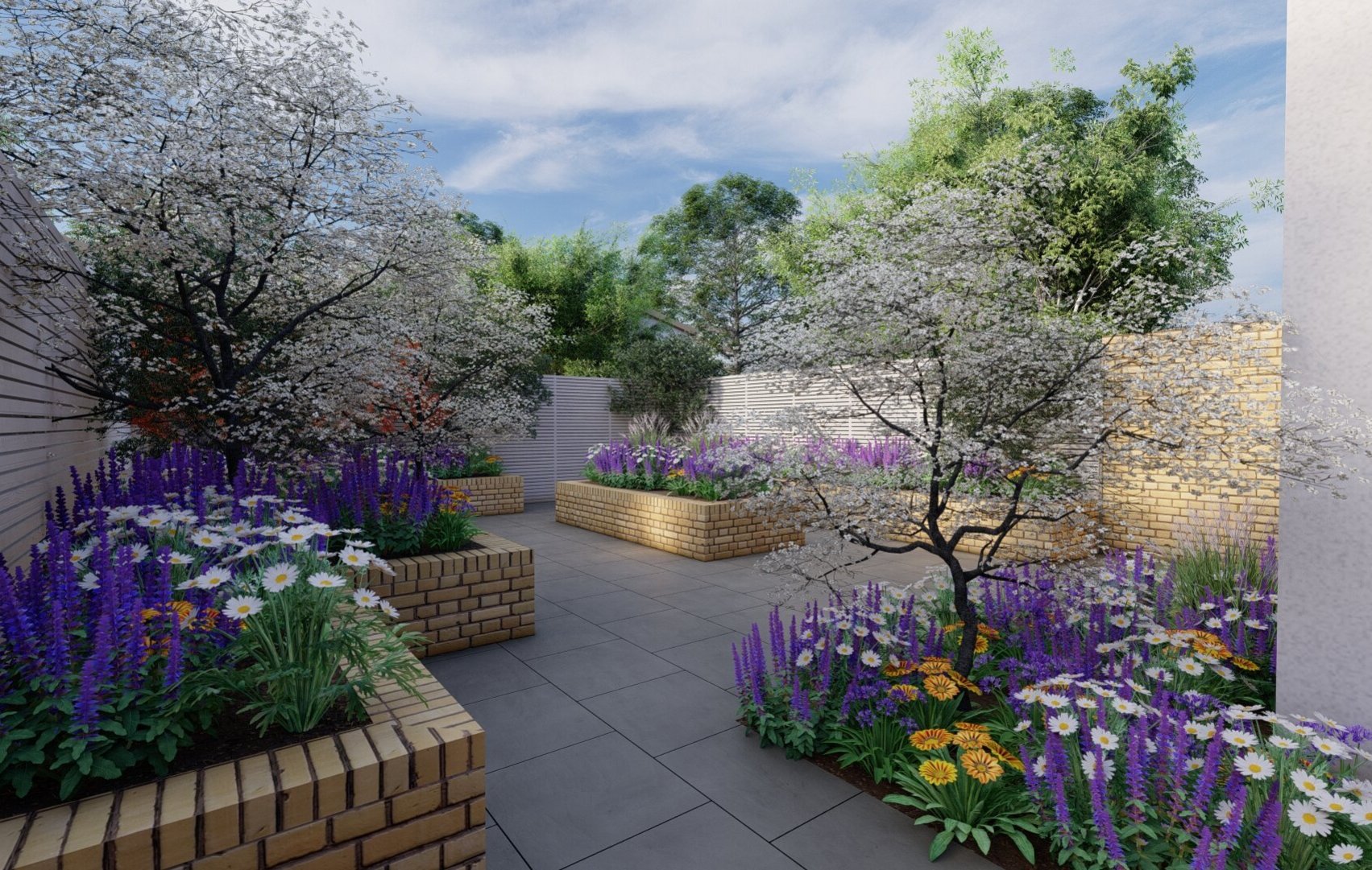 Garden Design features a series of raised beds with mixed planting including trees, shrubs and herbaceous plants for a garden in Harold's Cross, Dublin.