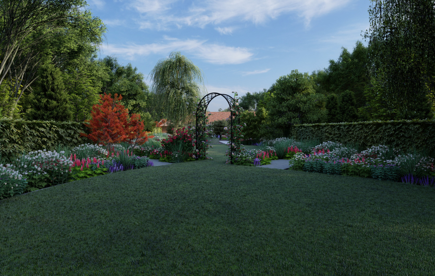 The Bagatelle Rose Arch both a feature and a gateway linking interconnecting lawn areas