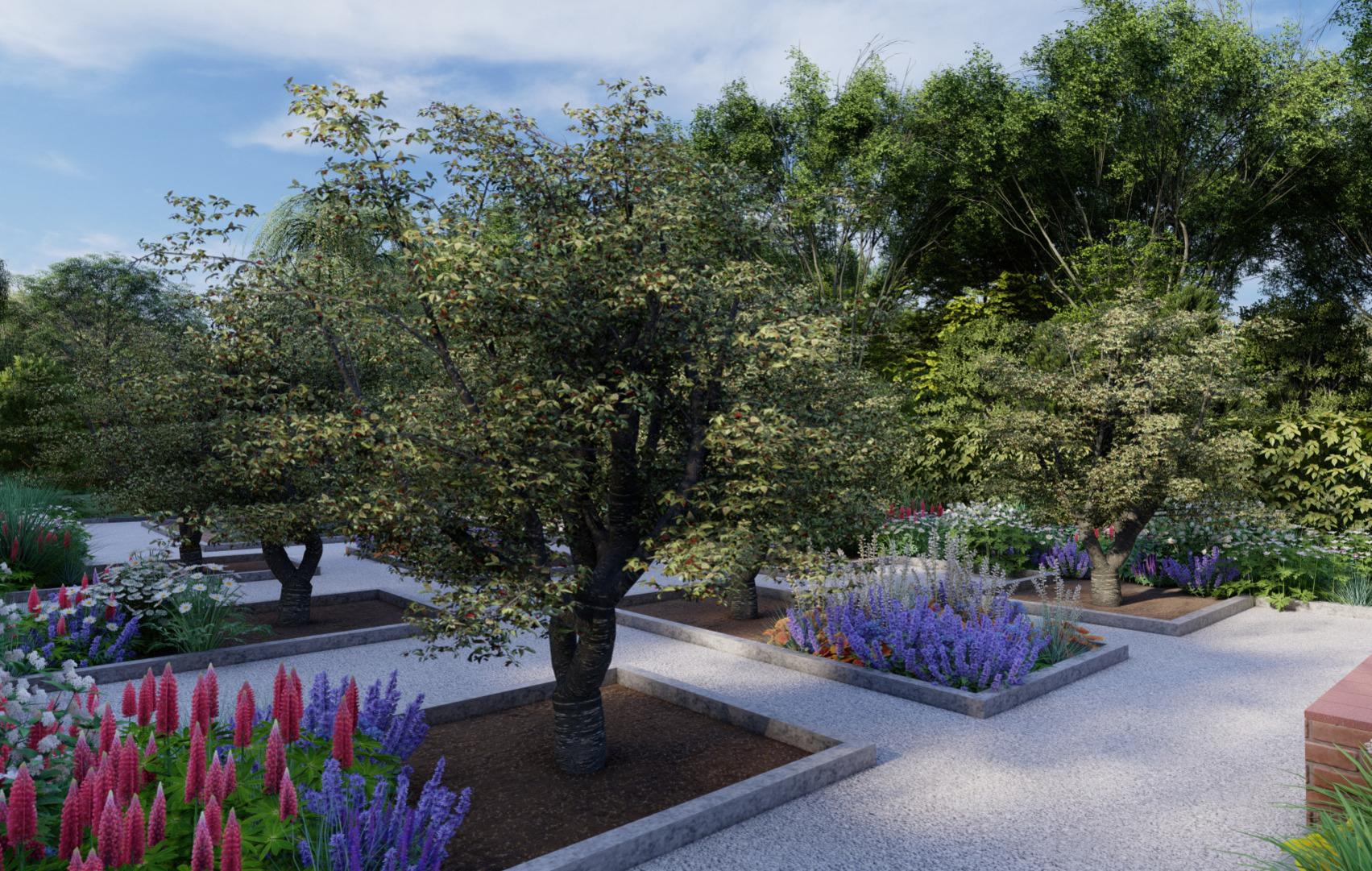 A formal and stylised layout to the Orchard along with pockets of companion/pollinator friendly planting