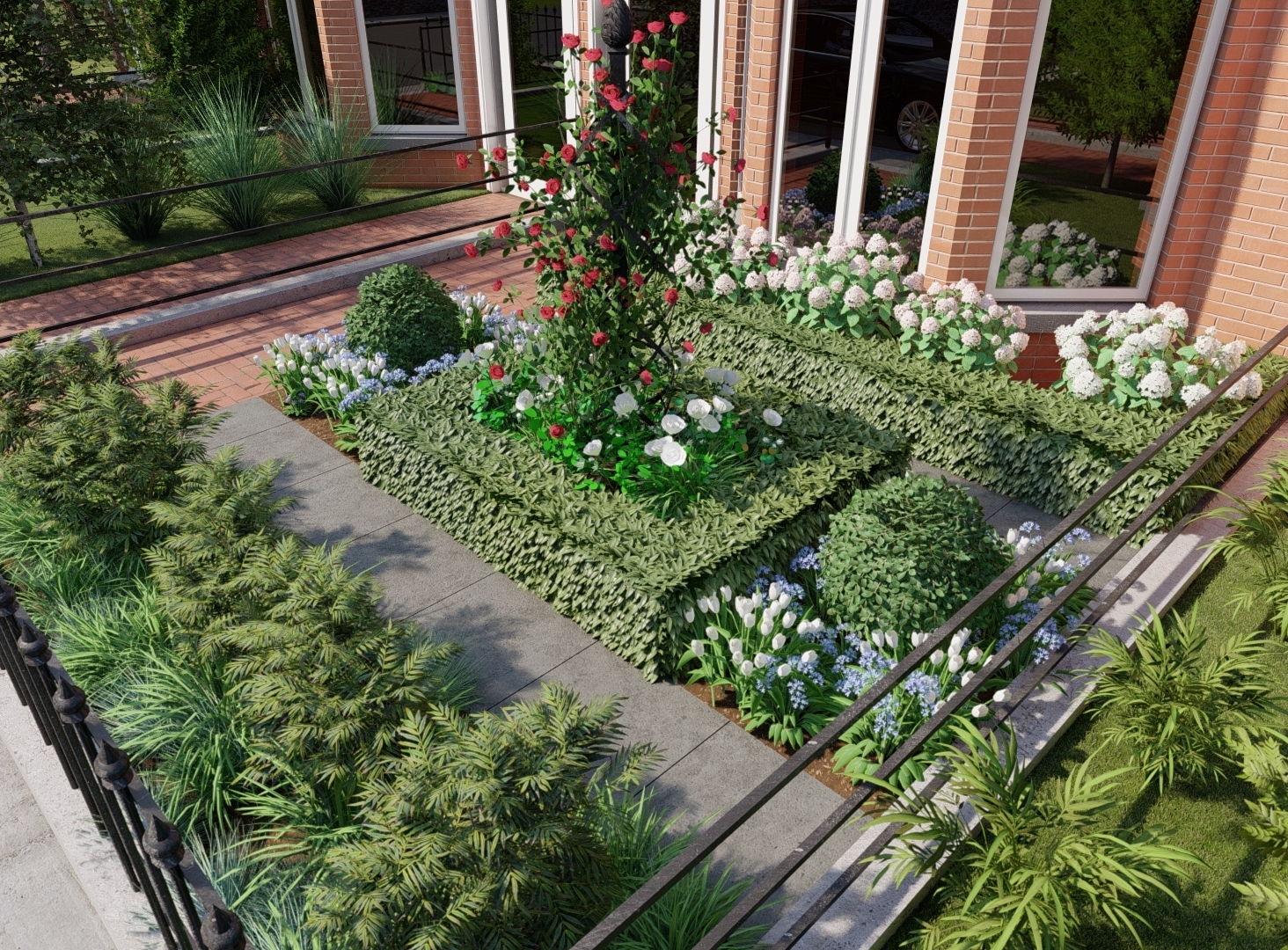 Front Garden Design Terenure featuring Buxus Planting, Hydrangeas and Charleston Rose Pillar | Owen Chubb Garden Design