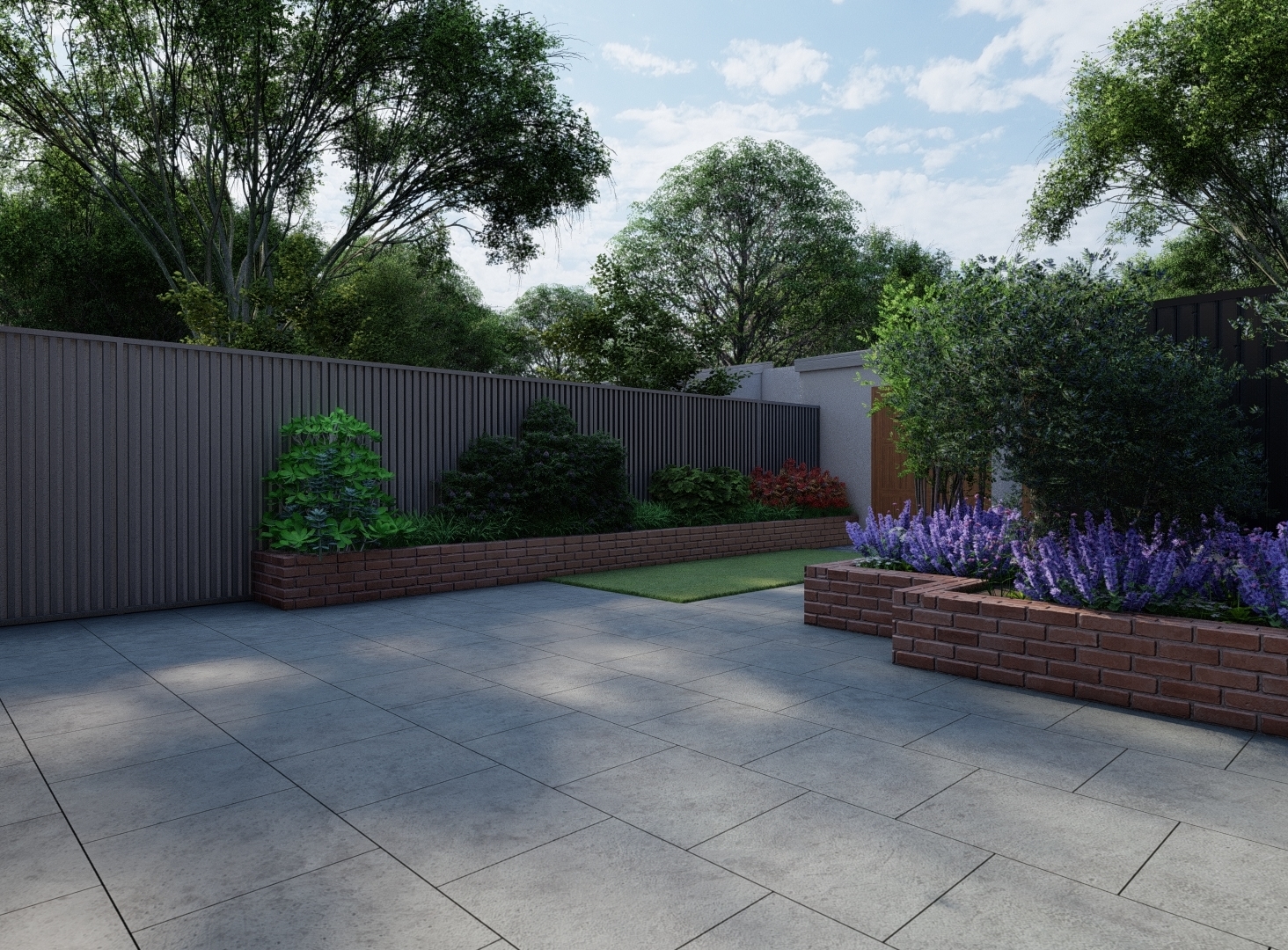 Garden Design Terenure illustrating limestone Patio, Raised Planter Bed with Olive Trees and Biohort Equipment Locker | Garden Design Owen Chubb