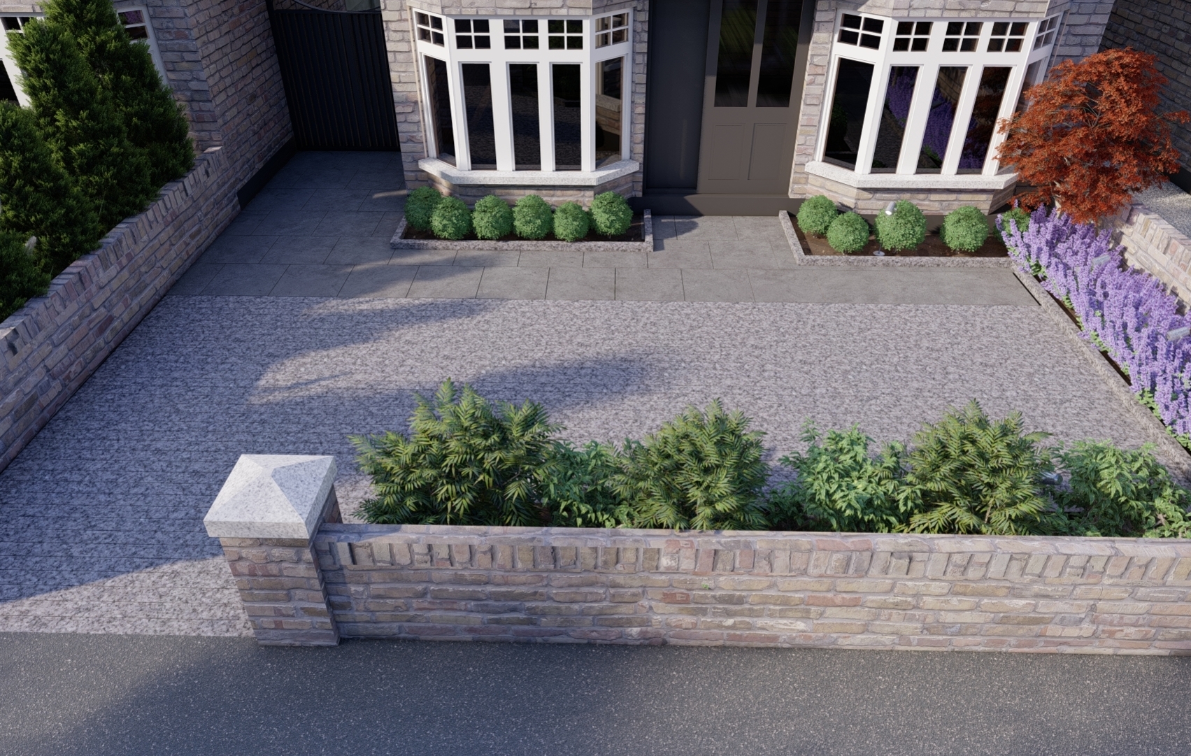 Professional Driveway design featuring natural stone paving and lush planting borders | Owen Chubb Tel 087-2306 128