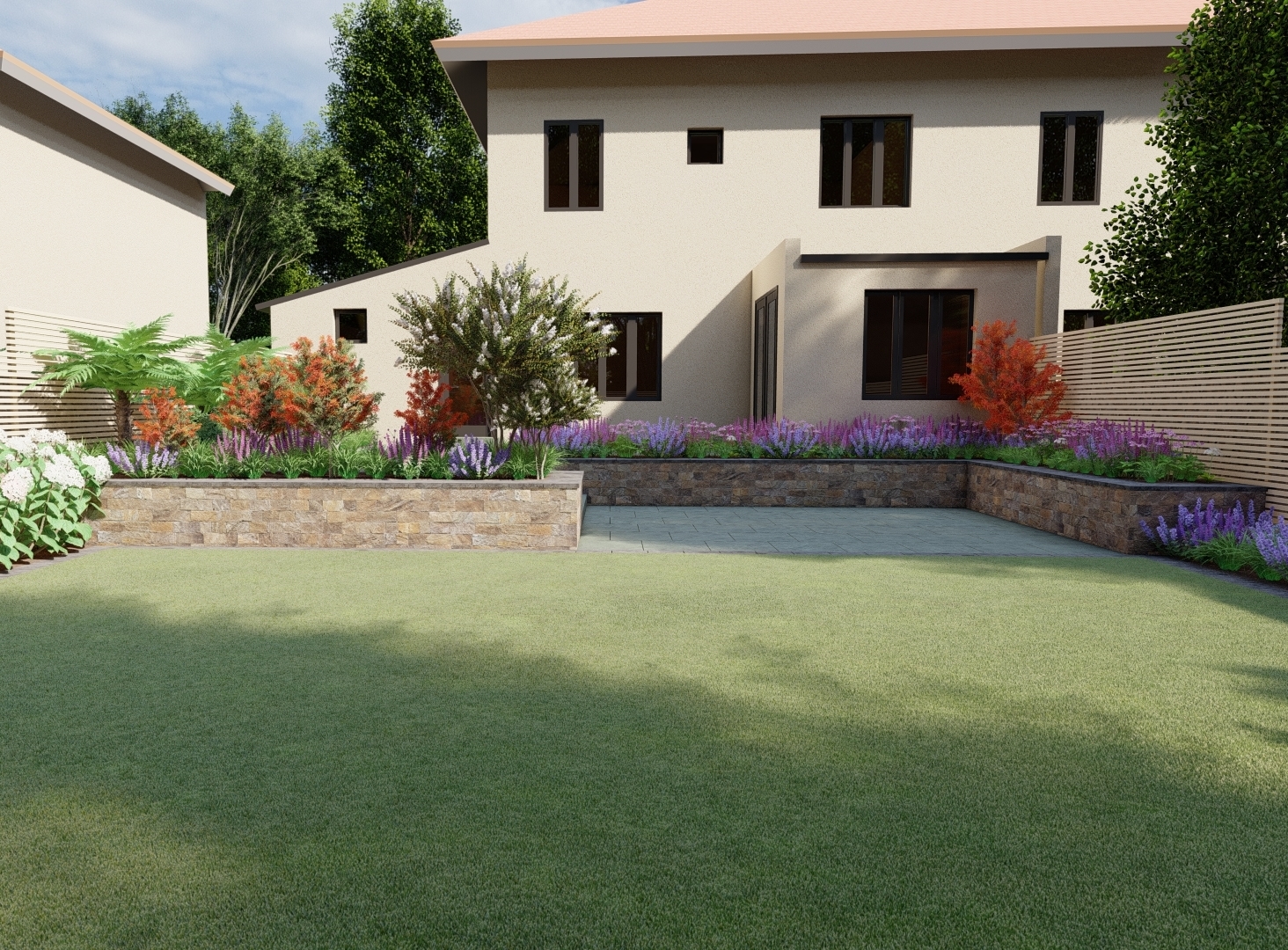 Family Garden Design featuring terraced Patios, Raised Beds, Custom Fencing | Dublin 6W