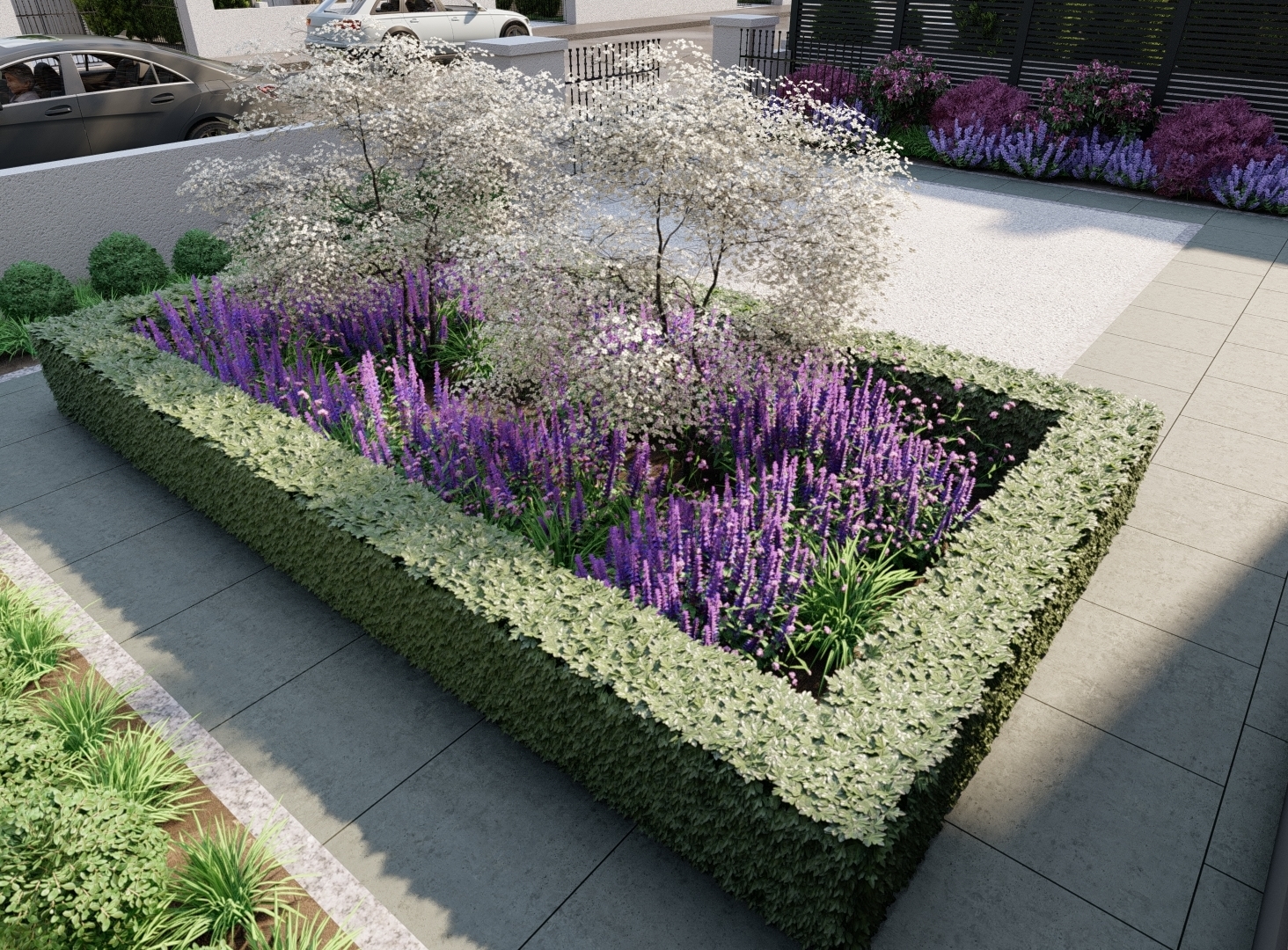 3D Design Visual illustrating a feature island bed, planted with clipped Buxus hedging, a central feature tree and mixed herbaceous flowering plants | Owen Chubb Garden Design, Tel 087-2306128