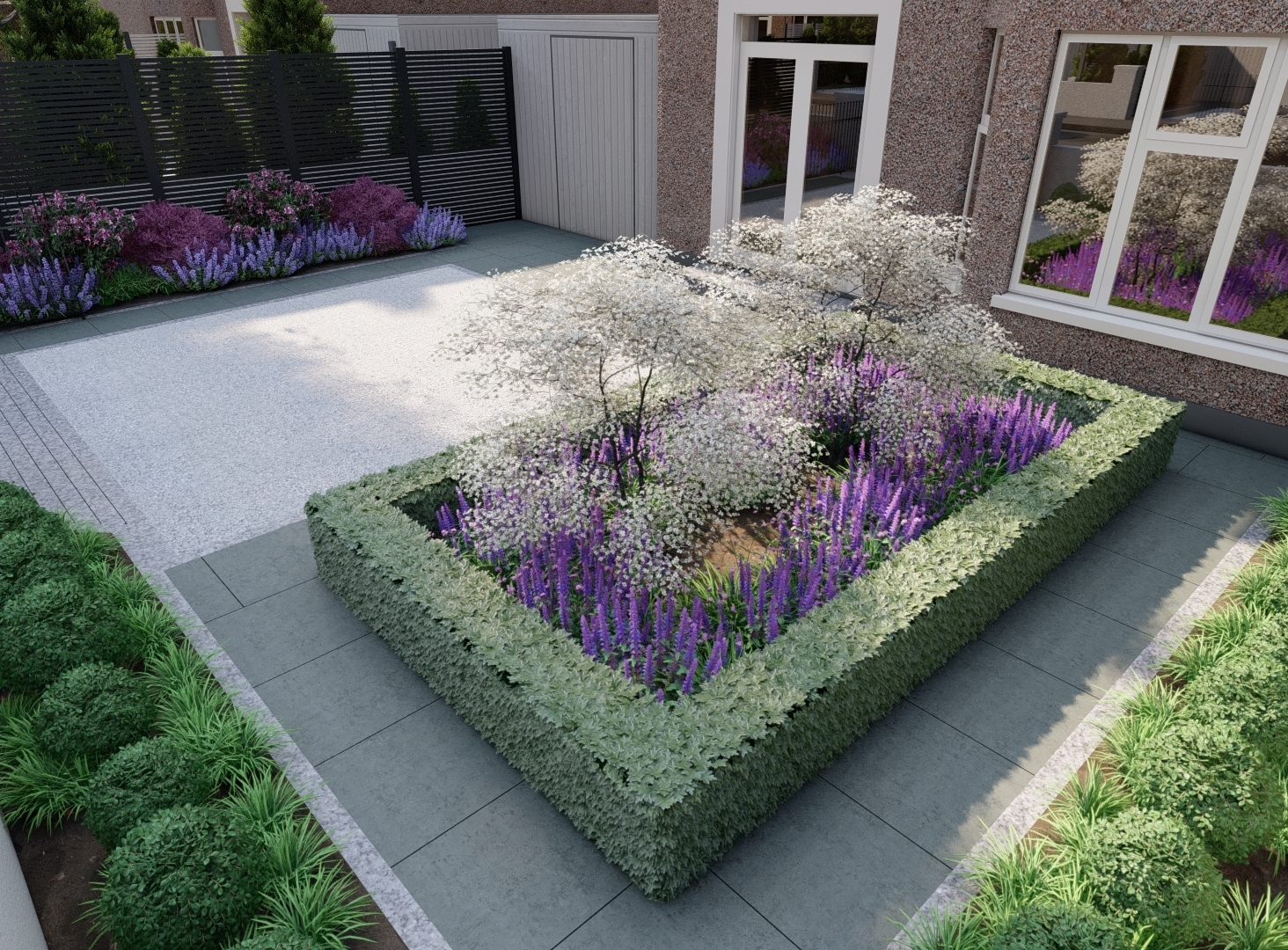 3D Design Visual illustrating a feature bed planted with clipped Buxus hedging, a central feature tree and mixed herbaceous flowering plants | Owen Chubb Garden Design, Tel 087-2306128