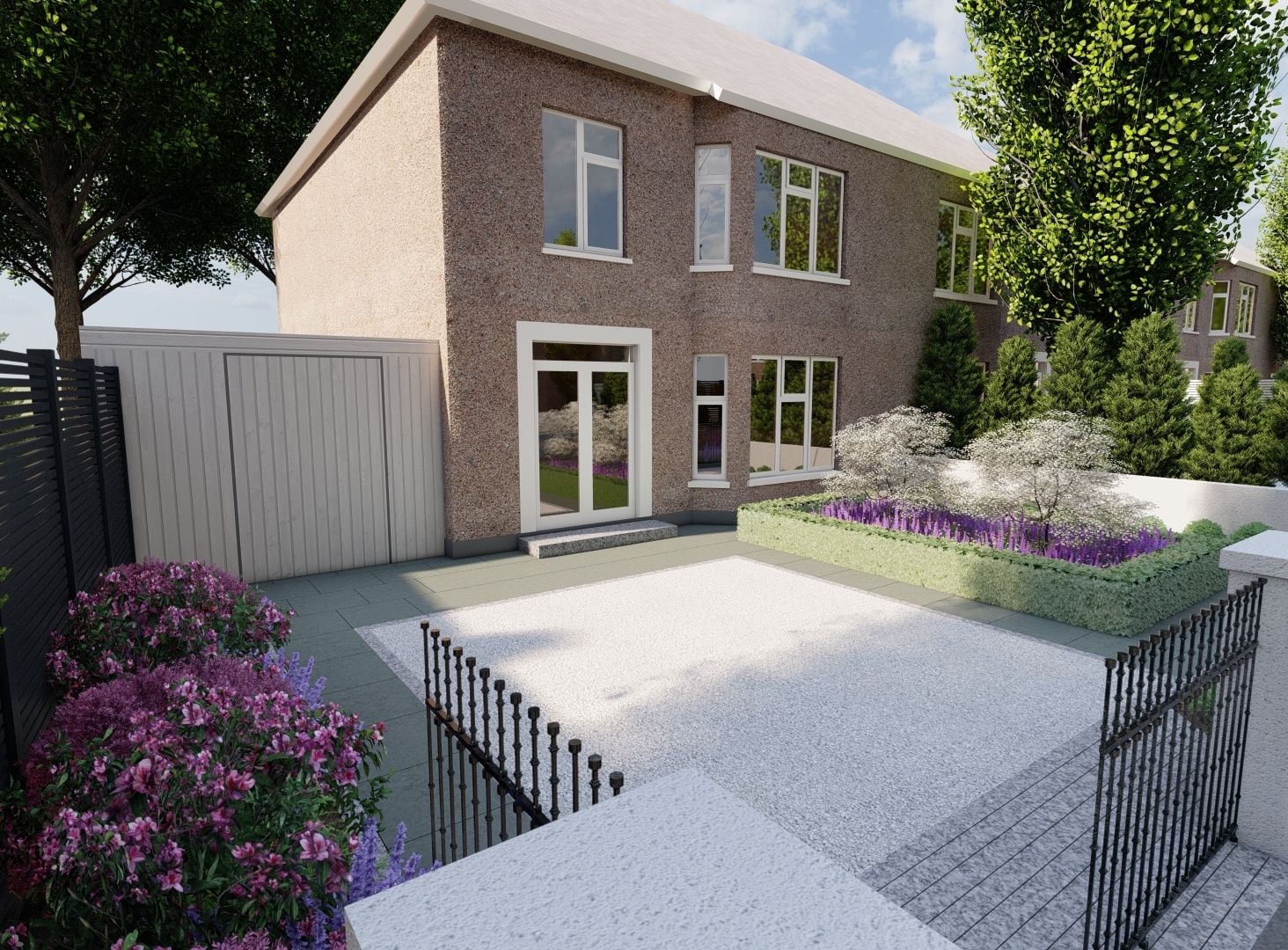 3D Design Visual illustrating a new Driveway layout with feature bed planted with clipped Buxus hedging, a central feature tree and mixed herbaceous flowering plants | Owen Chubb Garden Design, Tel 087-2306128
