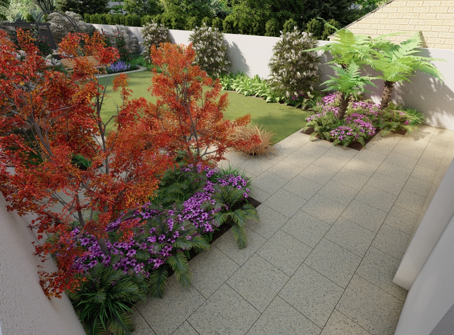 3D Design visual of a secluded patio area for a Terenure garden | Owen Chubb Garden Landscapers.