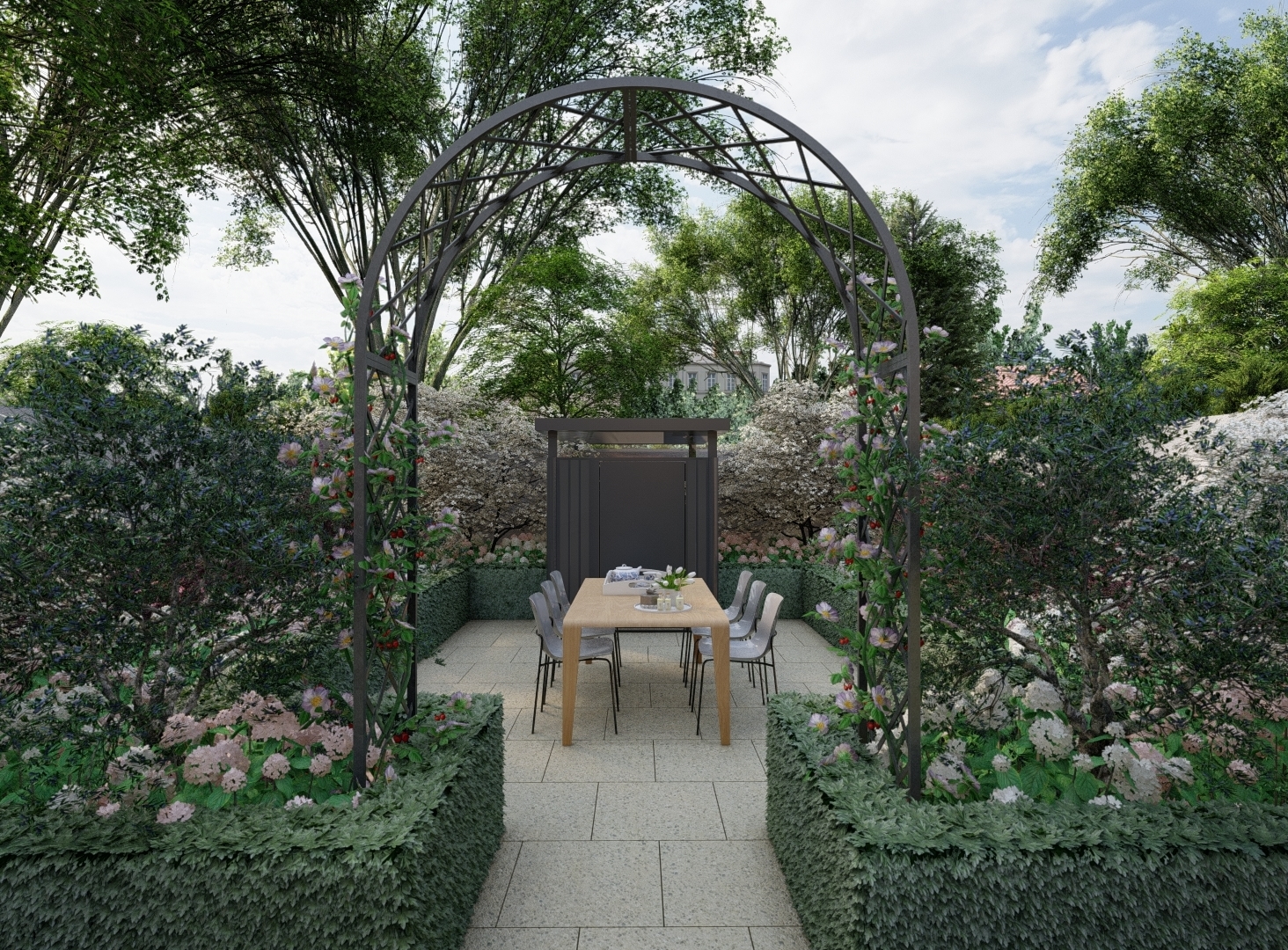 3D Design Visual illustrating a beautiful entrance to a Family Patio area in a Terenure garden | Owen Chubb Garden Design, Tel 087-2306128