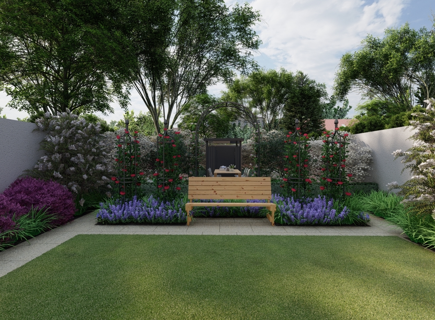 3D Design visual illustrating how a modest garden bench can act as a focal point in the design for a Terenure garden, Dublin.