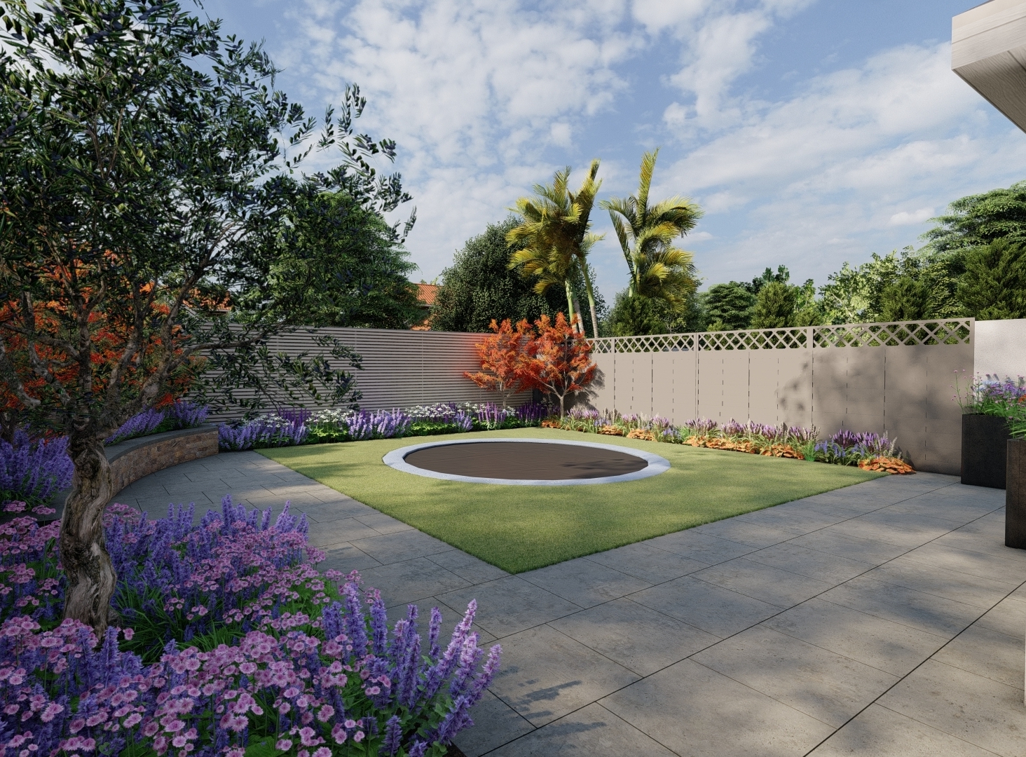 Design Rendering of proposed layout for a small Family garden in Terenure, Dublin 6W. Owen Chubb Garden Landscapers. Tel 087-2306128