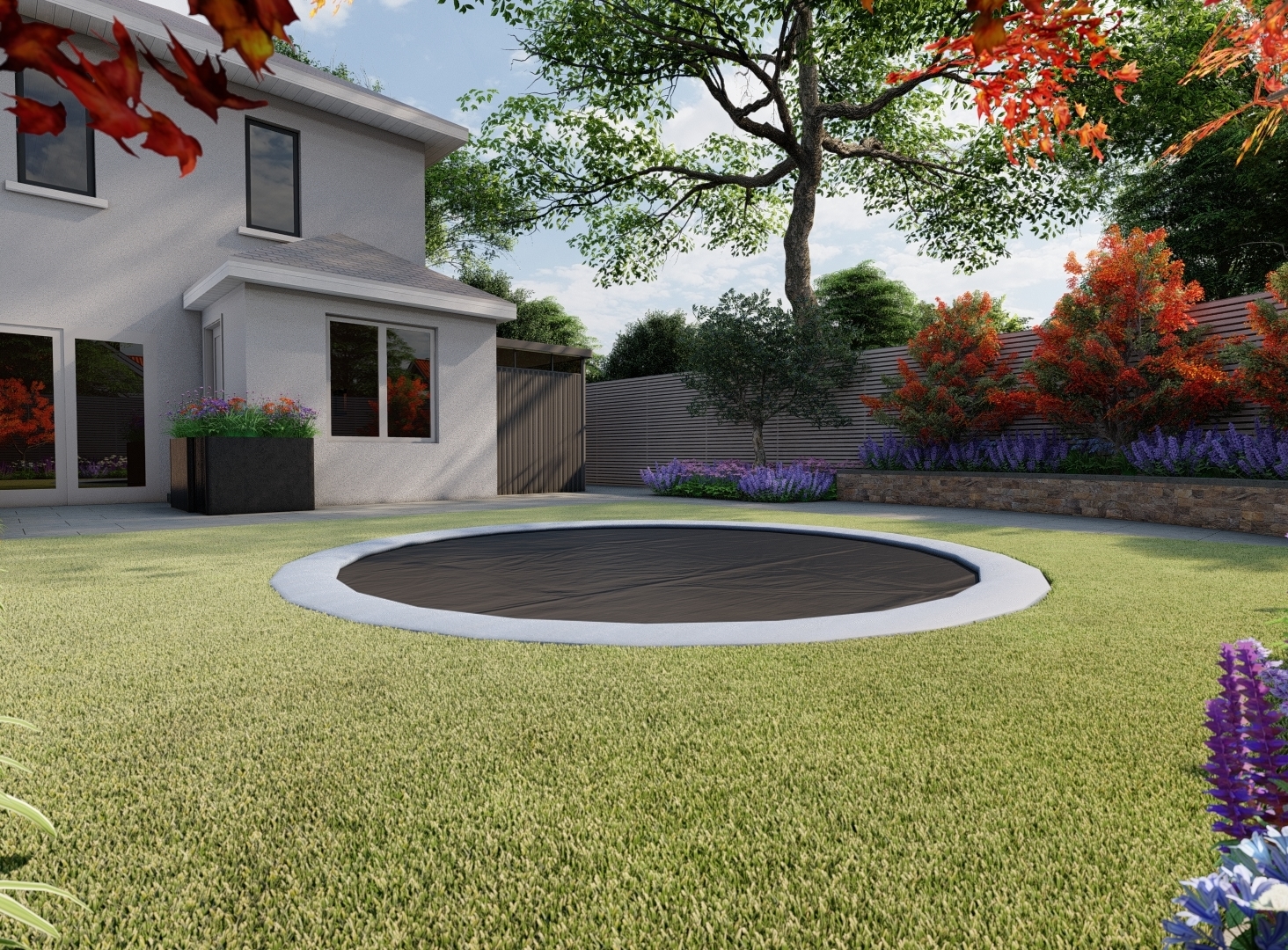 Design visual for a family garden in Terenure with a in-ground trampoline | Owen Chubb Garden Landscapers, Dublin 6W