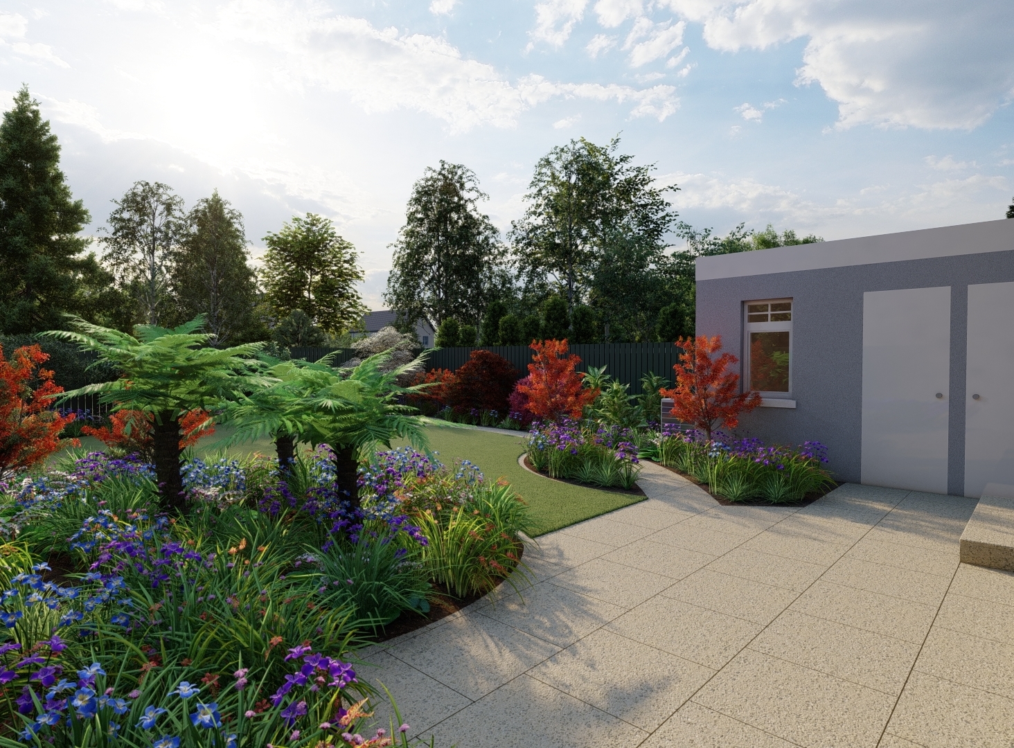 Design Visual for family garden in Foxrock, Dublin 18, featuring sweeping Limestone pathway, rol turf lawn area, Specimen trees and shrubs, & Limestone Patio