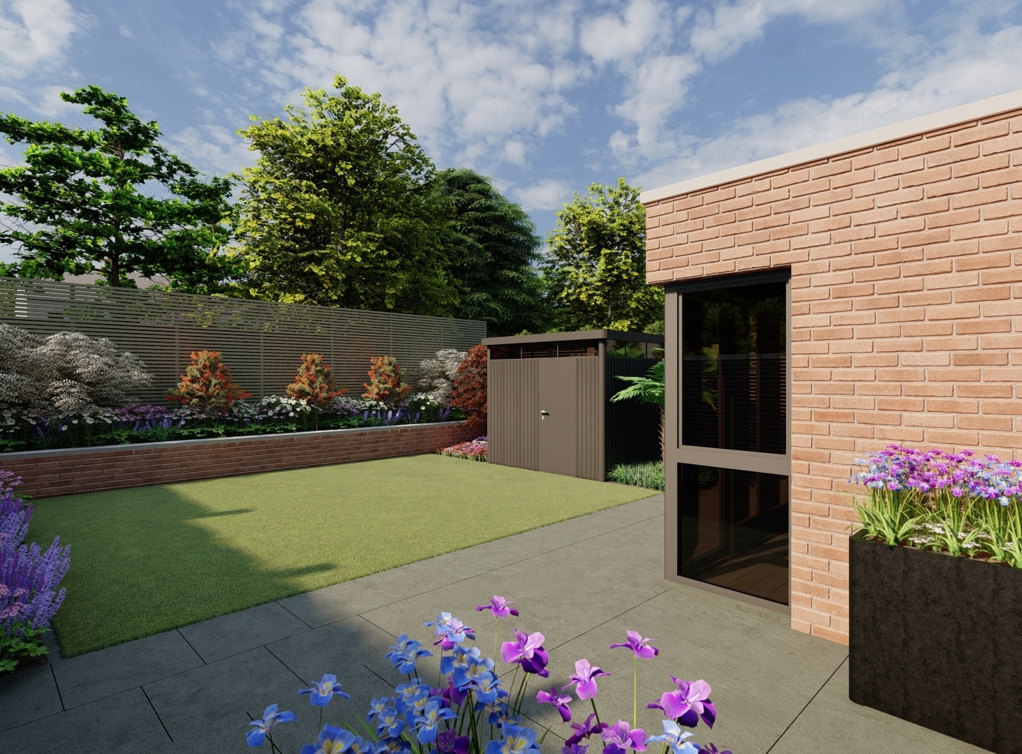 Design Visual for small family garden in Blackrock, Co Dublin featuring Biohort HighLine Shed, Bespoke Garden Fencing, sweeping Limestone pathway, synthetic grass area, Specimen trees and Limestone Patio