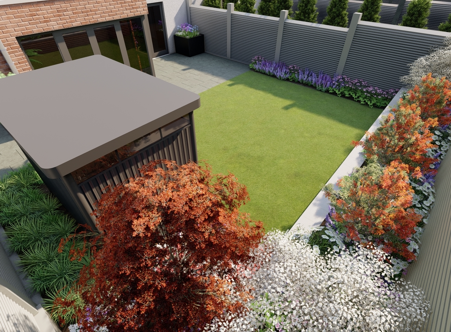 Design Visual for small family garden in Blackrock, Co Dublin featuring Biohort HighLine Shed, Bespoke Garden Fencing, sweeping Limestone pathway, synthetic grass area, Specimen trees and Limestone Patio