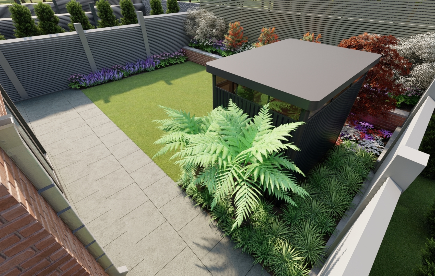 Design Ideas for small family garden in Blackrock featuring Biohort HighLine Garden Shed, Biohort Planters, synthetic lawn and bespoke fencing | Owen Chubb Garden Design