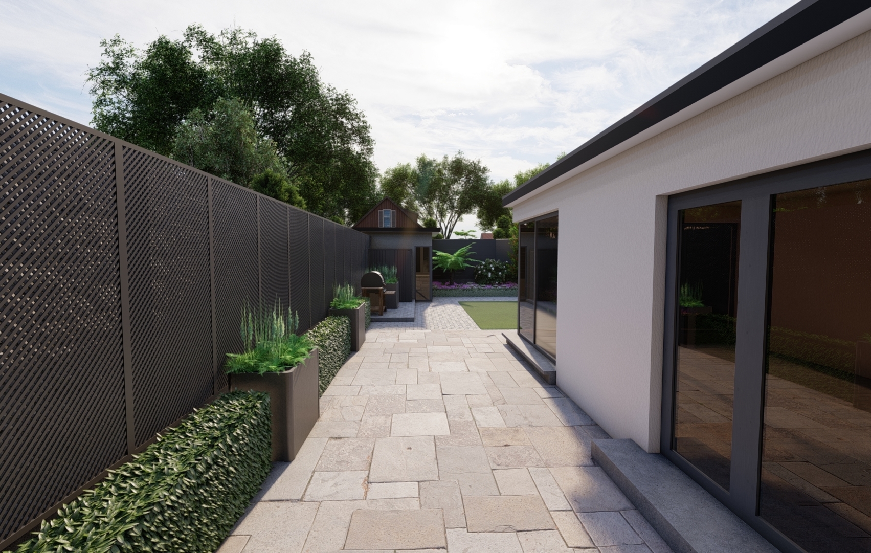 Garden Design visual featuring bespoke fencing, boxwood hedging, Biohort Planter Bed Belvedere |   Owen Chubb Tel 087-2306 128