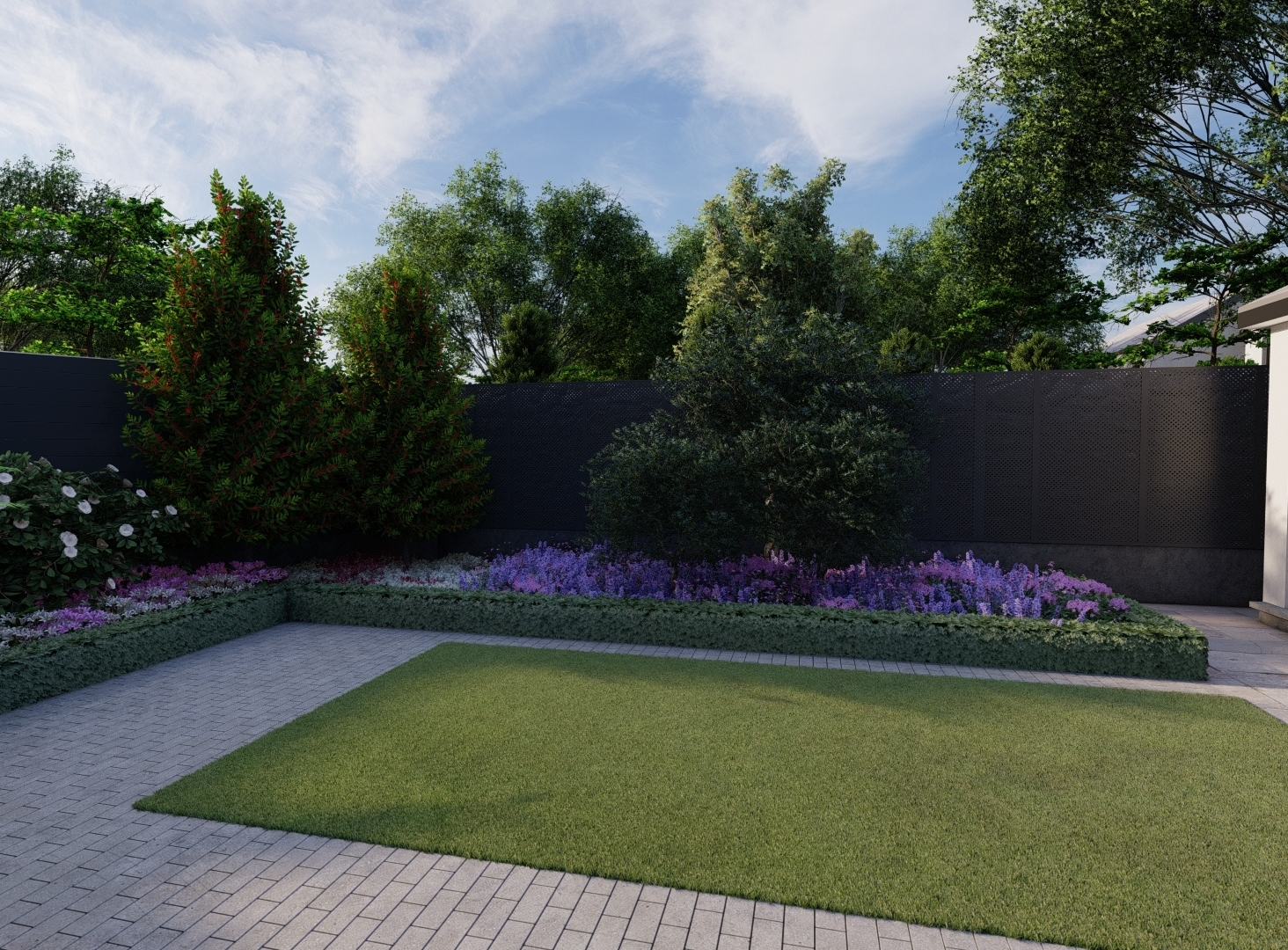 Design Visual for Terenure garden with outdoor BBQ and entertaining area, featuring bespoke fencing, specimen trees and lush planting.