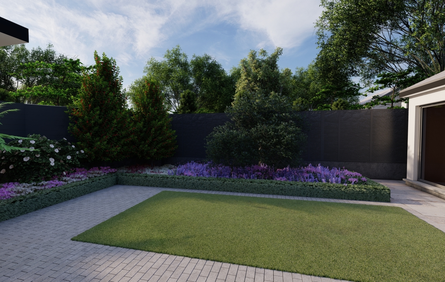Terenure Garden design features bespoke fencing, Biohort Equipment Locker, BBQ area, Limstone patio paving, Buxus Hedging, colourful Herbaceous borders |   Owen Chubb Garden Design, Tel 087-2306 128