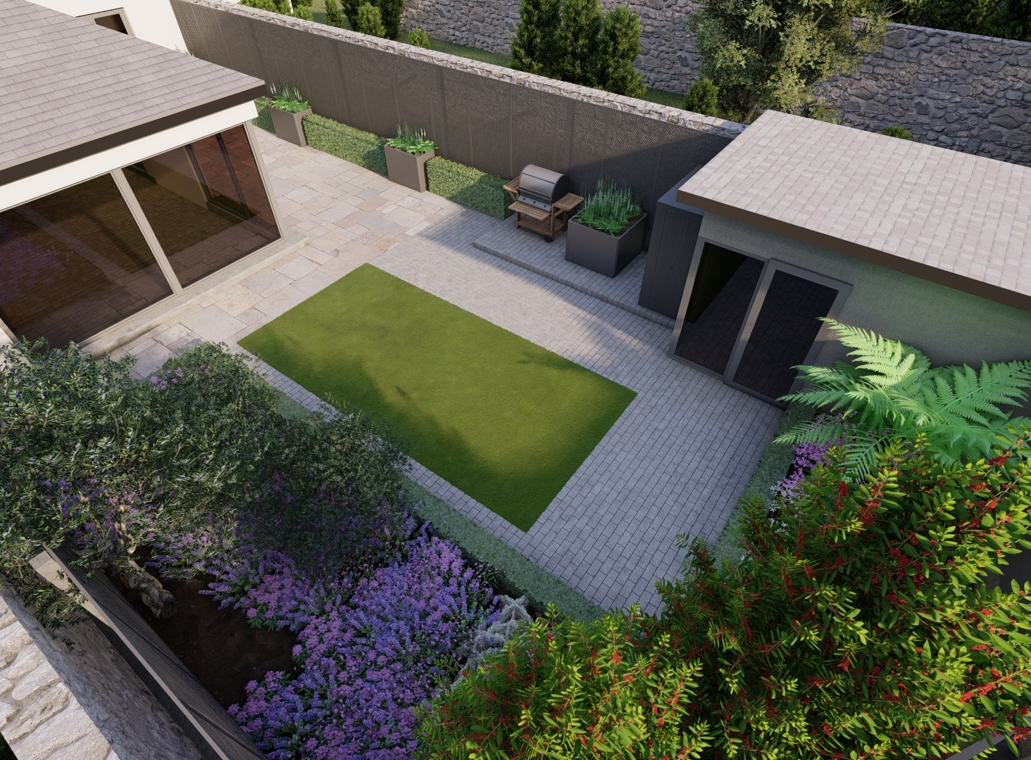 Design Visual for Terenure garden with outdoor BBQ and entertaining area, featuring bespoke fencing, specimen trees and lush planting.