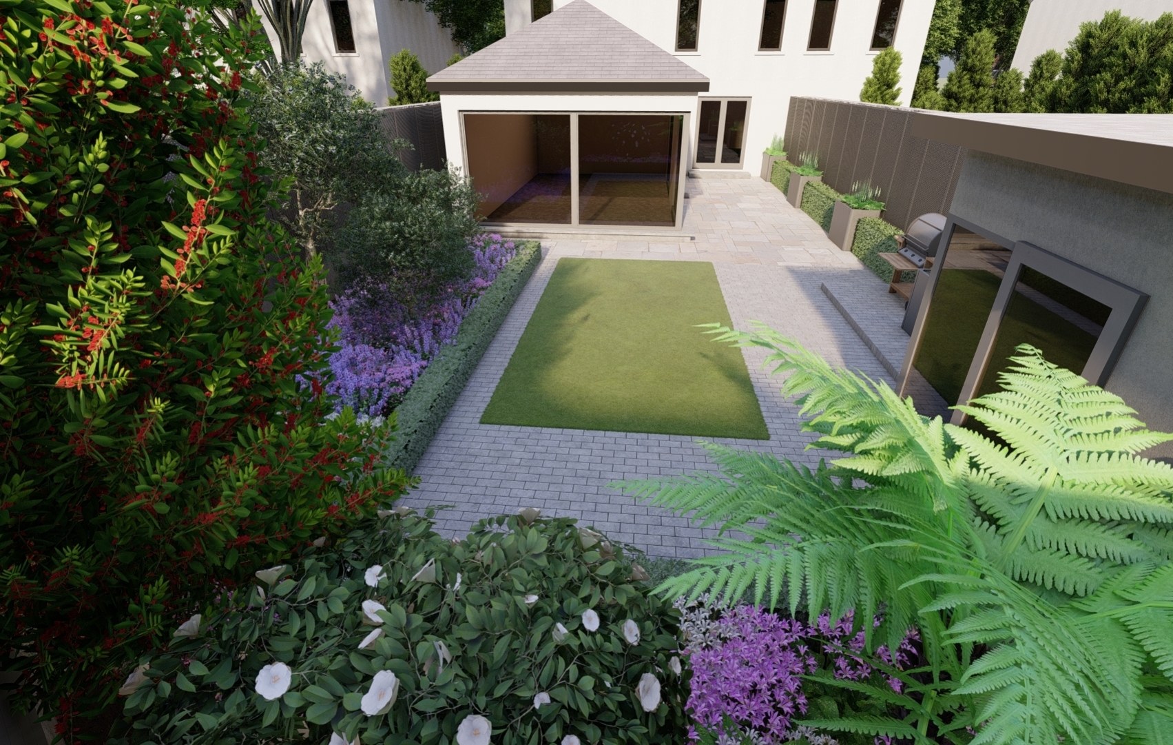 Terenure Garden design features bespoke fencing, Biohort Equipment Locker, BBQ area, Limstone patio paving, Buxus Hedging, colourful Herbaceous borders |   Owen Chubb Garden Design, Tel 087-2306 128
