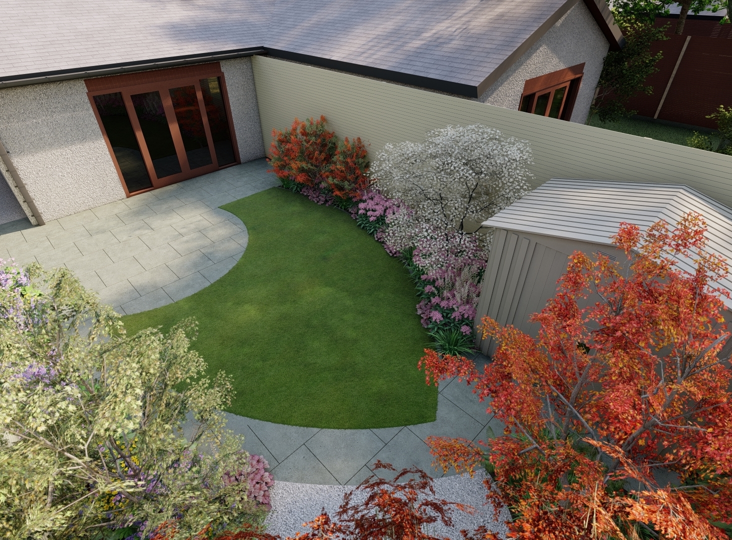 Design Visual for small garden featuring Biohort Shed, Bespoke Garden Fencing, sweeping Limestone pathway, roll turf grass area, Specimen trees and Limestone Patio