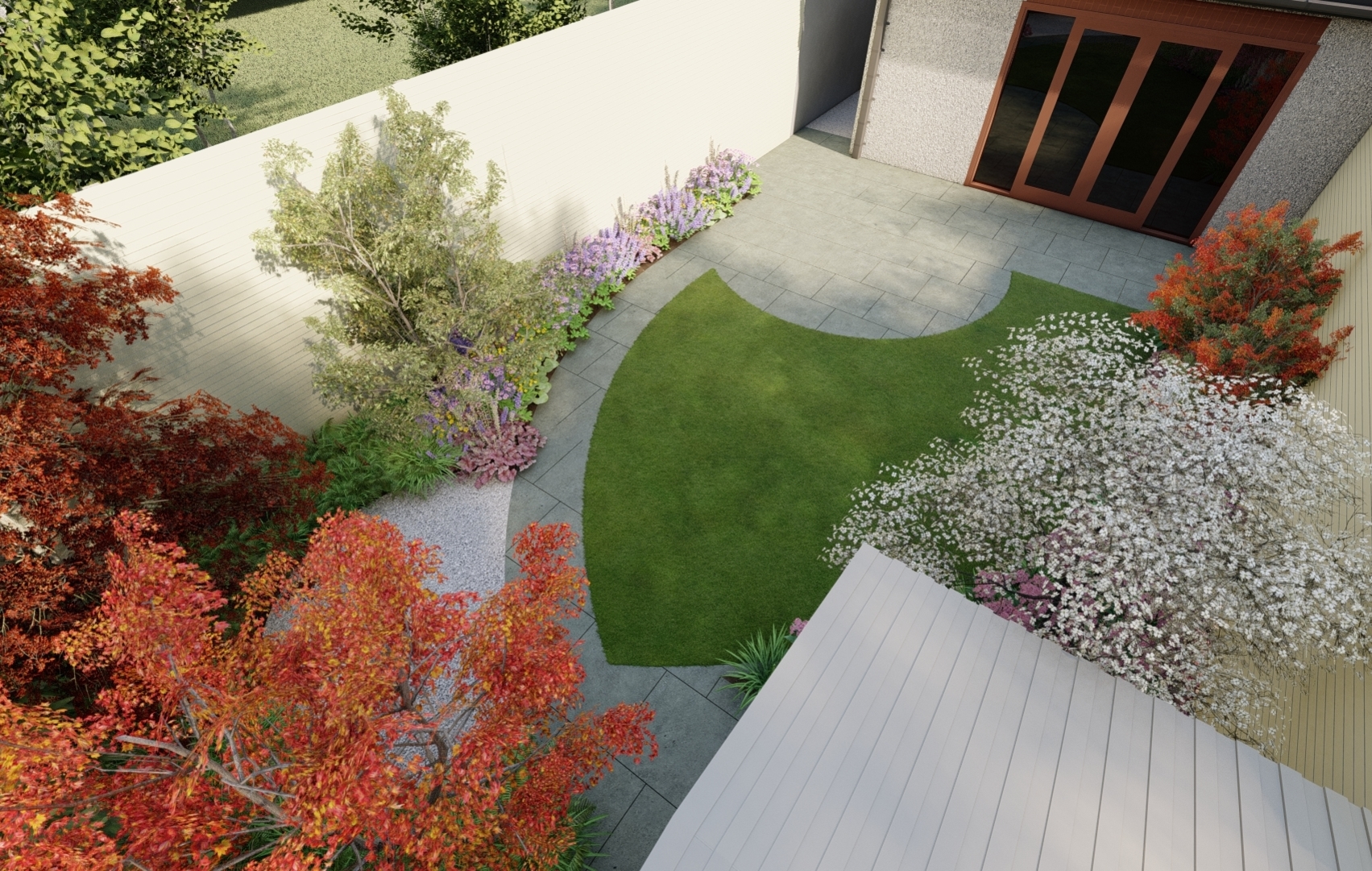 Design Visual showing Biohort Garden Shed, Gravel Patio, Limestone paving and mature Acer trees for a small garden in Dublin 12 | Owen Chubb Garden Design