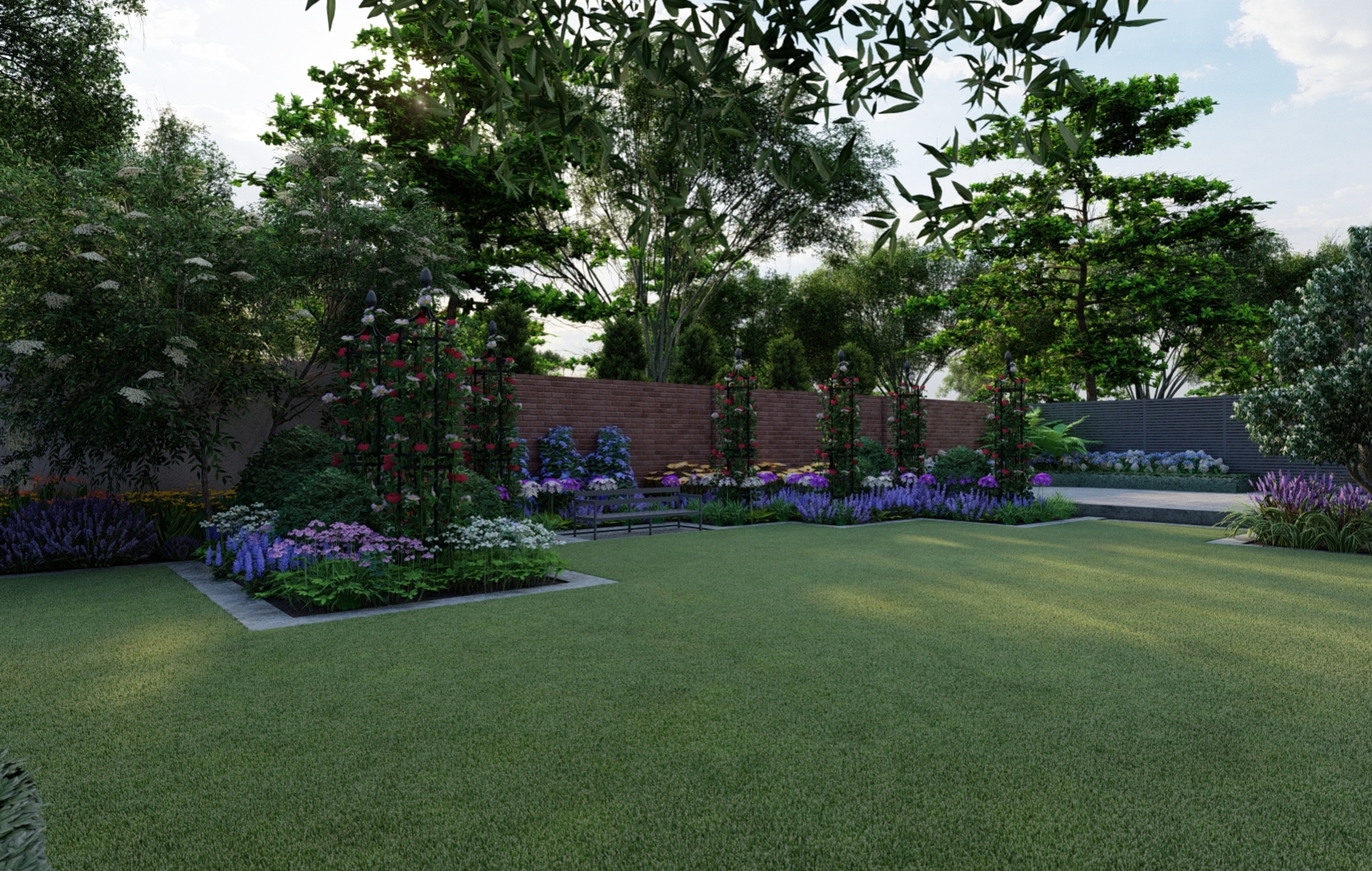 Design Visual showing feature area with Classic Garden Elements Rose obelisk| Owen Chubb Garden Design