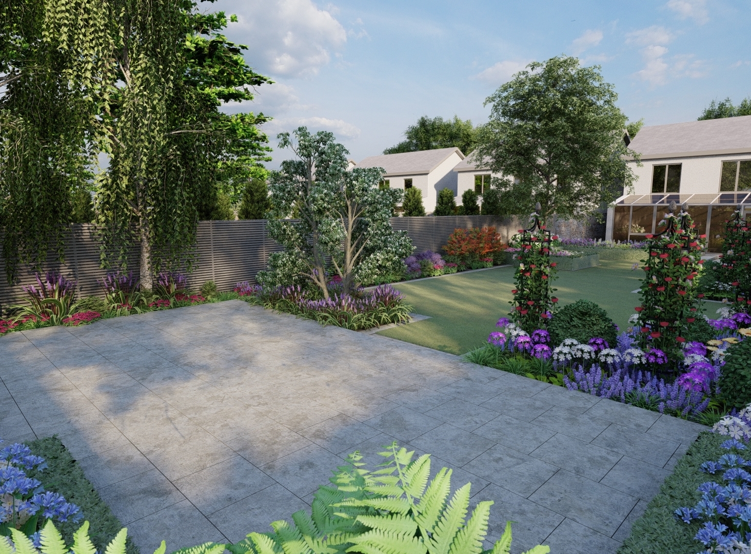 Garden Design Visual for a large Family Gardenin Rathfarnham with raised patio, bespoke fencing and extensive mixed planting borders
