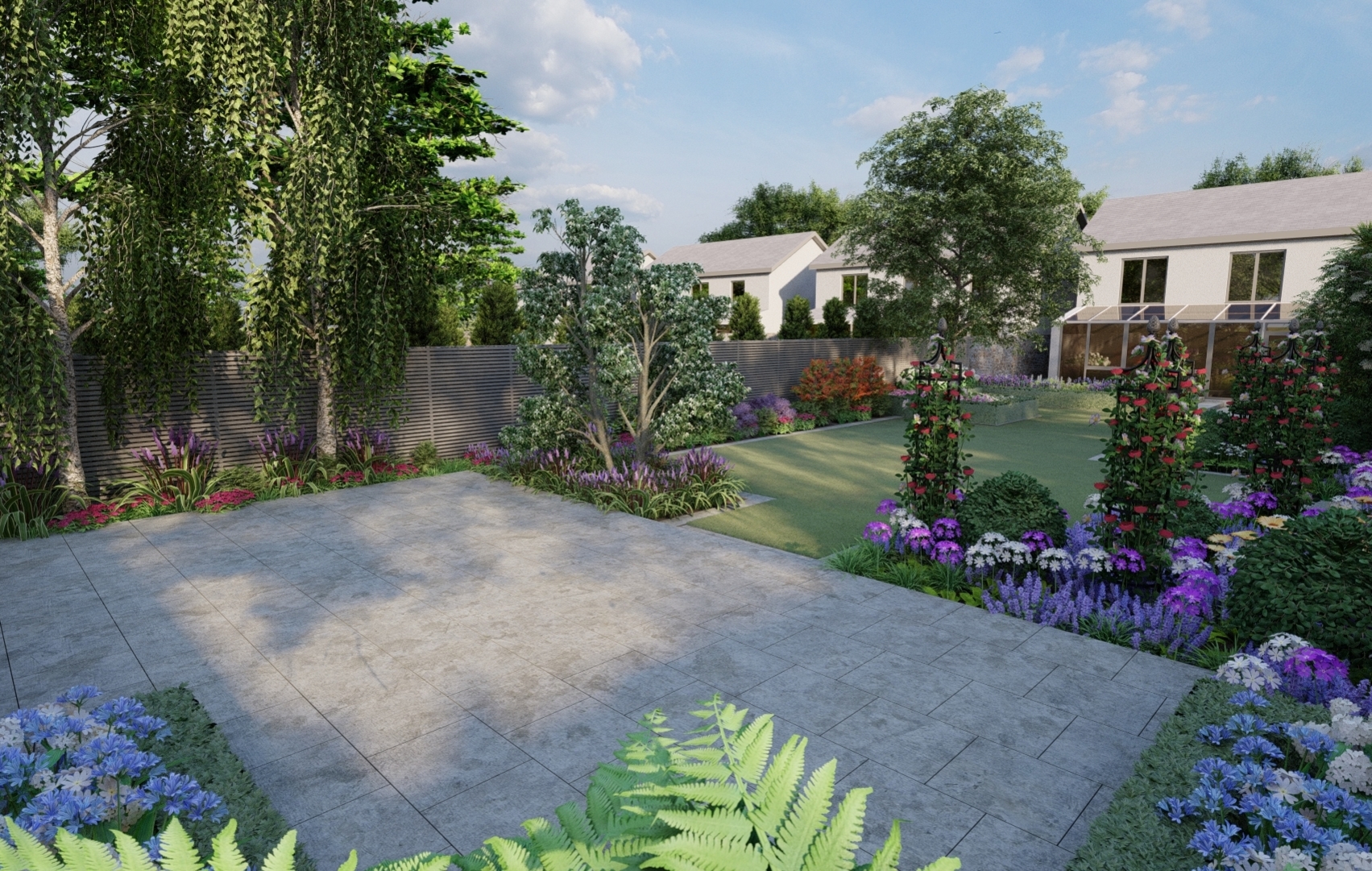 Design Visual showing the expansive raised limestone patio space with plenty of capacity, scope and flexibility for outdoor living and entertaining | Owen Chubb Garden Design