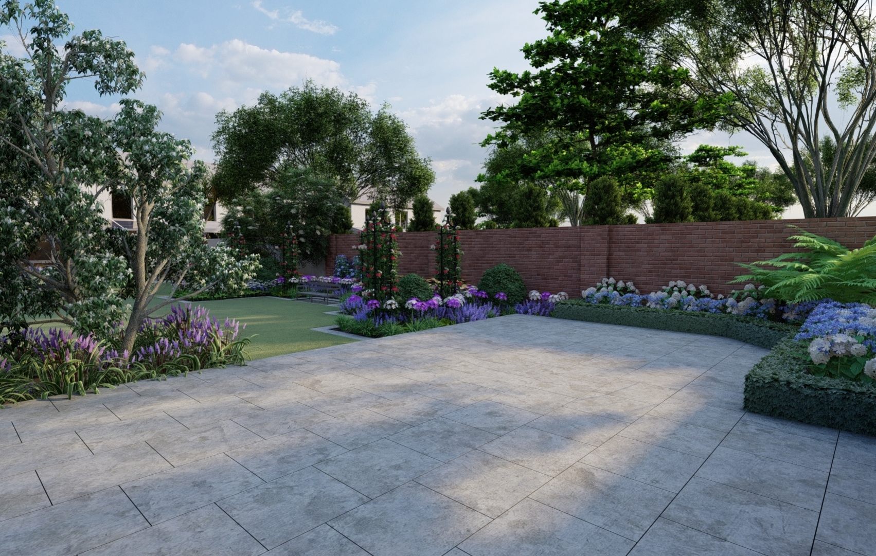Design Visual showing expanive patio area | Owen Chubb Garden Design