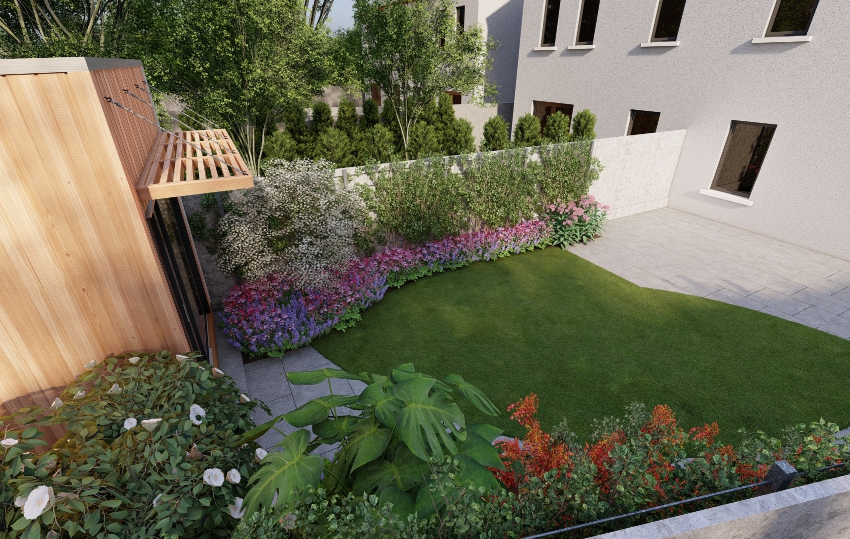 Design Visual showing Patio area, Home Office, climbing plants, lawn and borders, Limestone paving and mature trees for a small garden in Maynooth | Owen Chubb Garden Design