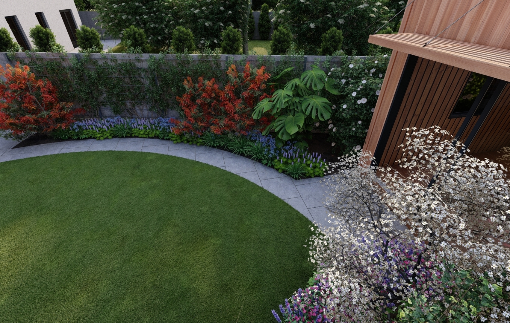 Design Visual showing lush planted borders in a small garden  | Owen Chubb Garden Design
