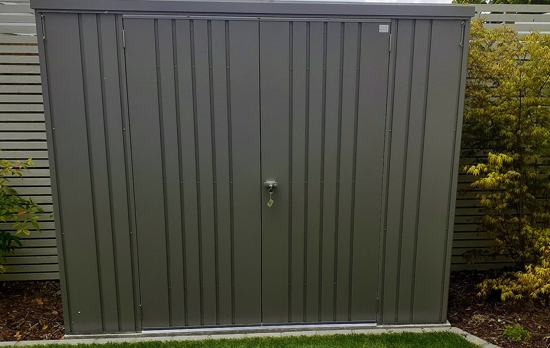 The superb quality and style of the Biohort Equipment Locker 230 in metallic quartz grey  | supplied + installed in Terenure by Owen Chubb Landscapers. Tel 087-2306 128.