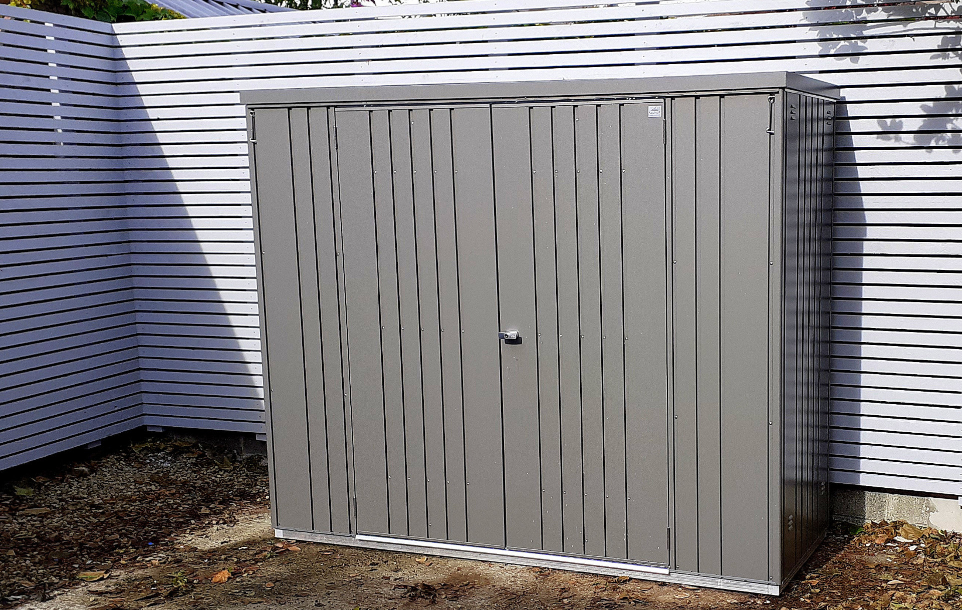 The superb quality and style of the Biohort Equipment Locker 230 in metallic quartz grey  | supplied + installed in Balinteer by Owen Chubb Landscapers. Tel 087-2306 128.