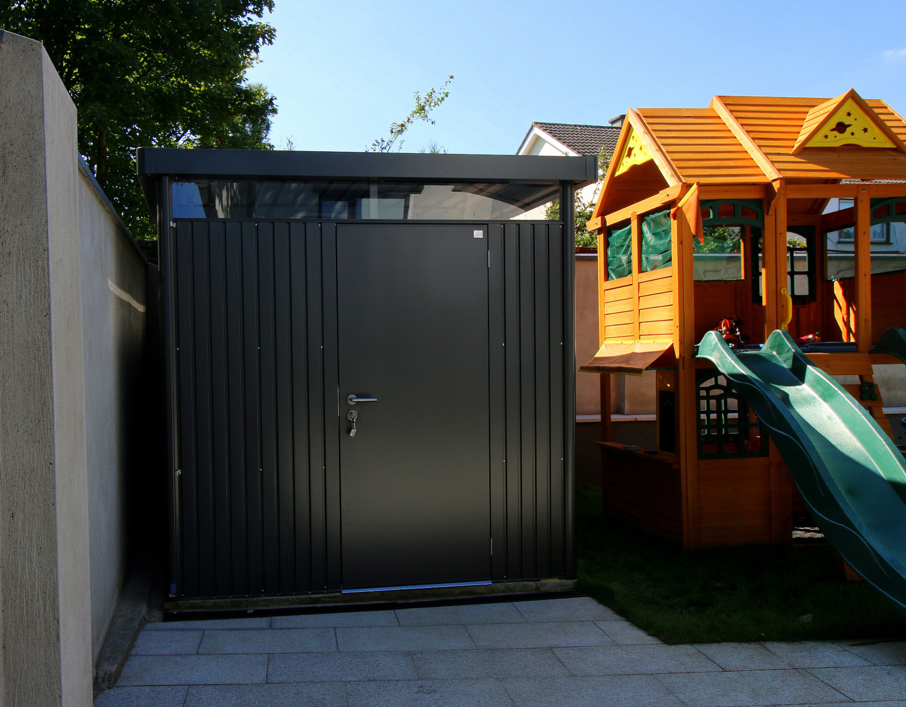 Biohort AvantGarde A2 Garden shed in metallic dark grey, supplied + fitted in Castleknock, Dublin 15r | Owen Chubb Garden Landscapers